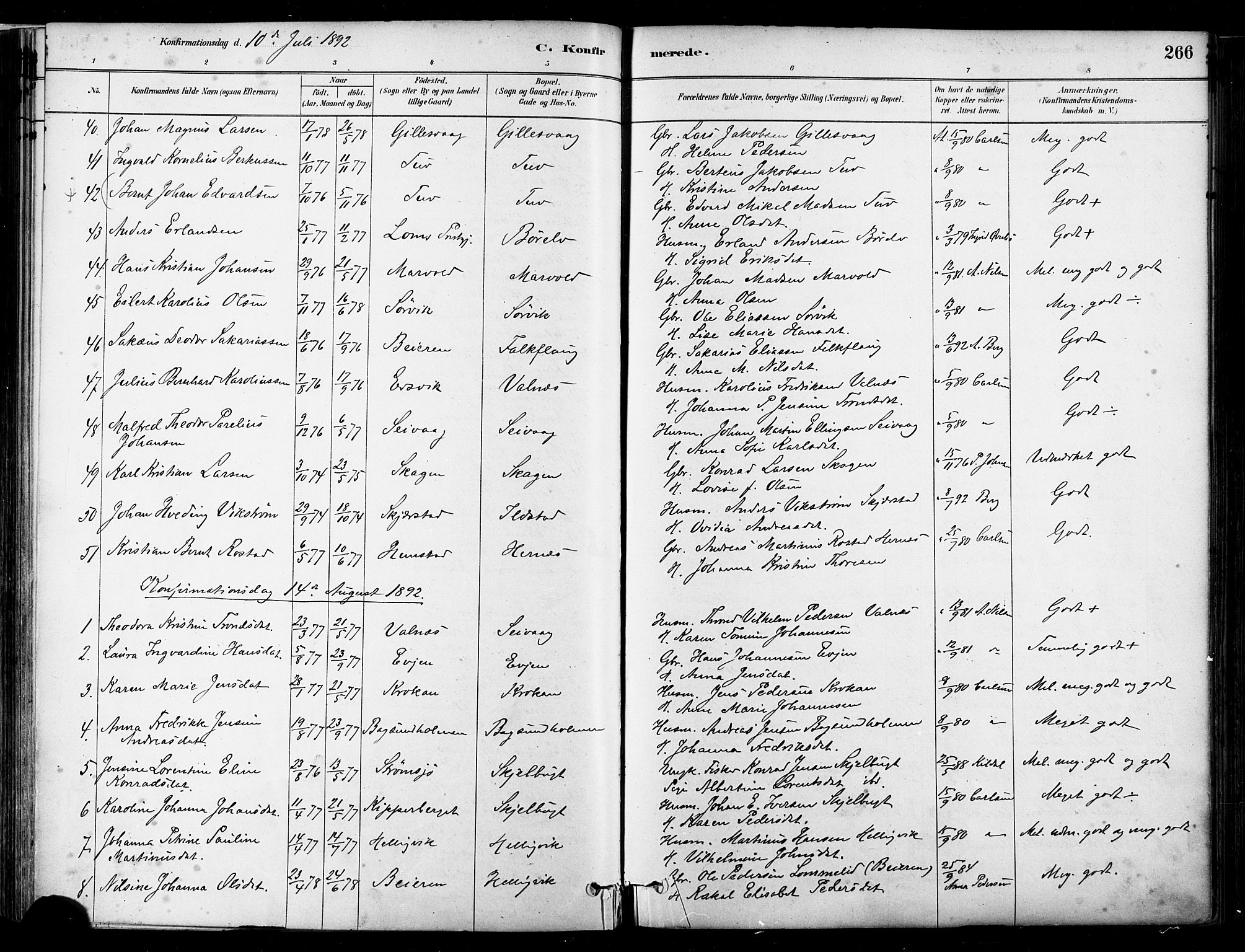 Ministerialprotokoller, klokkerbøker og fødselsregistre - Nordland, AV/SAT-A-1459/802/L0054: Parish register (official) no. 802A01, 1879-1893, p. 266