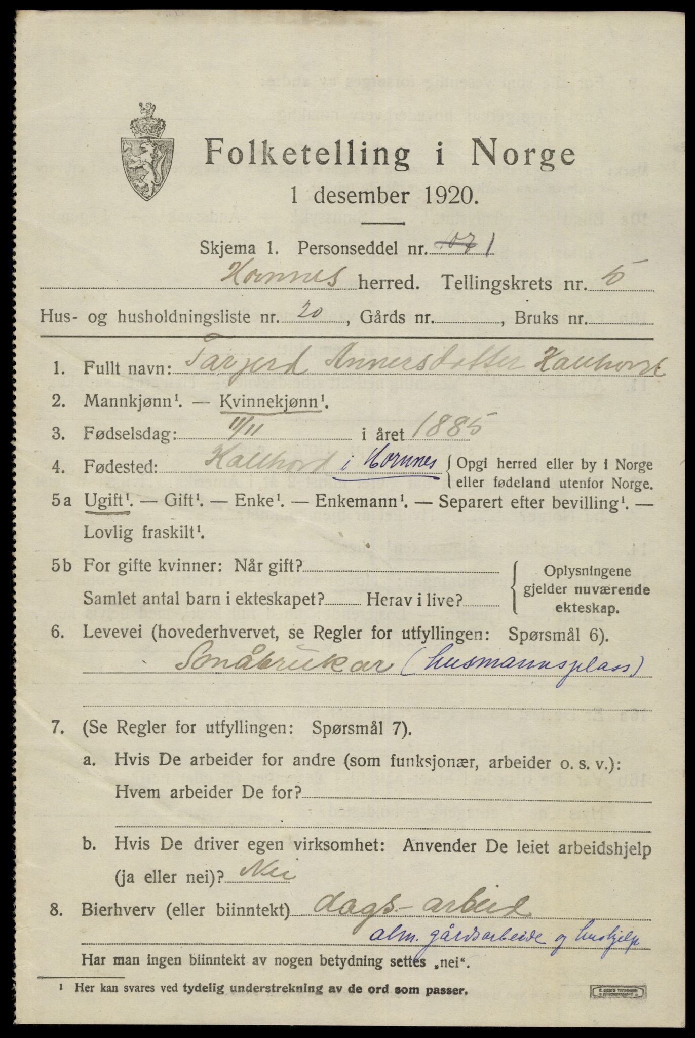 SAK, 1920 census for Hornnes, 1920, p. 1547