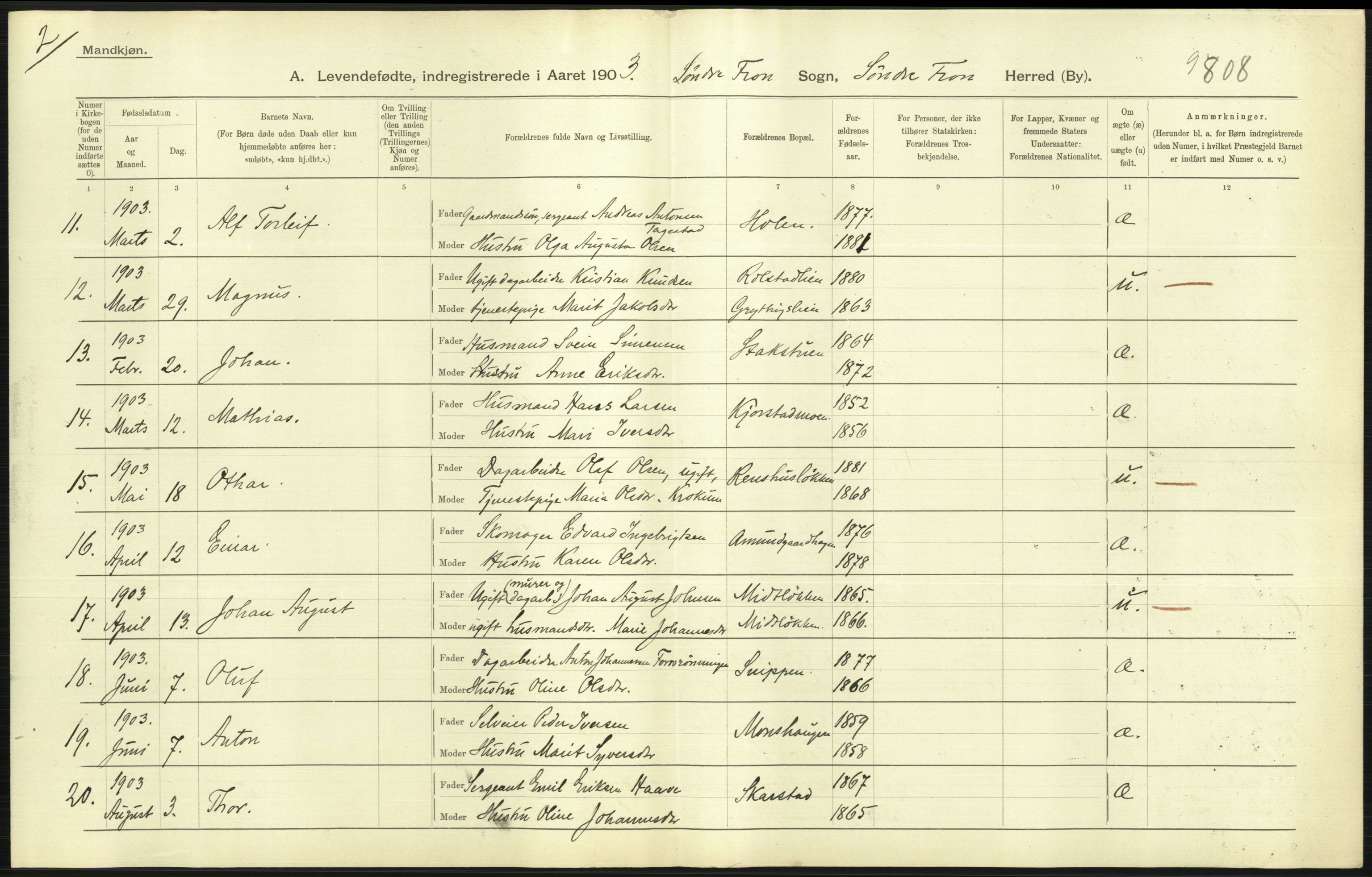Statistisk sentralbyrå, Sosiodemografiske emner, Befolkning, AV/RA-S-2228/D/Df/Dfa/Dfaa/L0006: Kristians amt: Fødte, gifte, døde, 1903, p. 63