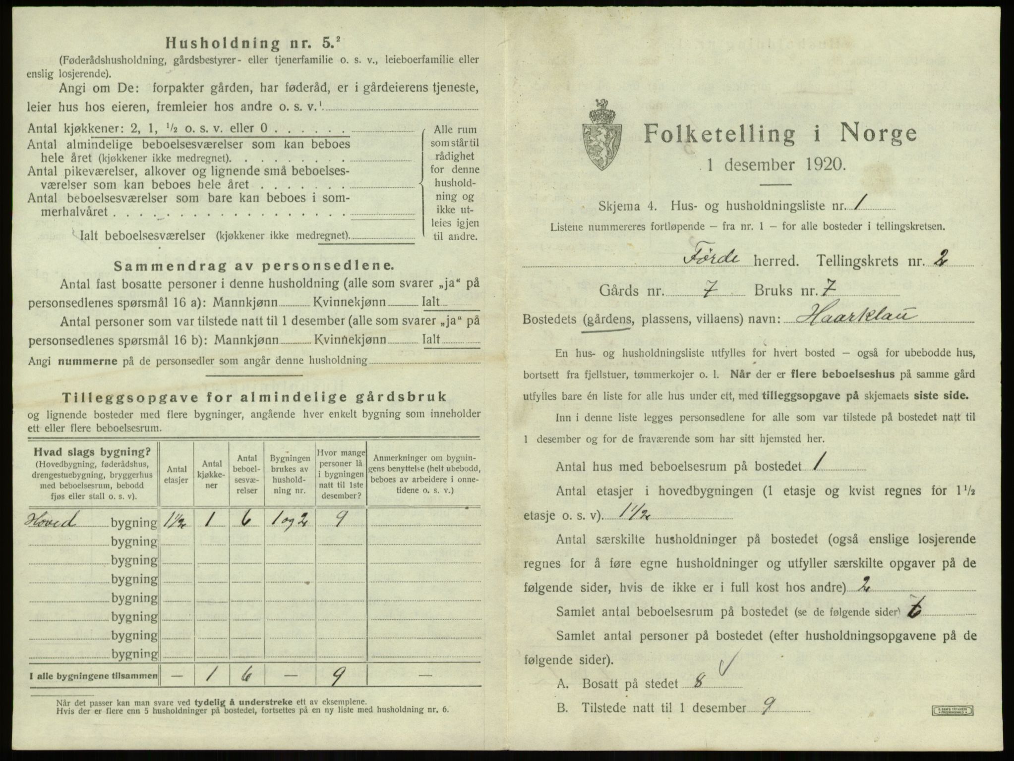 SAB, 1920 census for Førde, 1920, p. 113