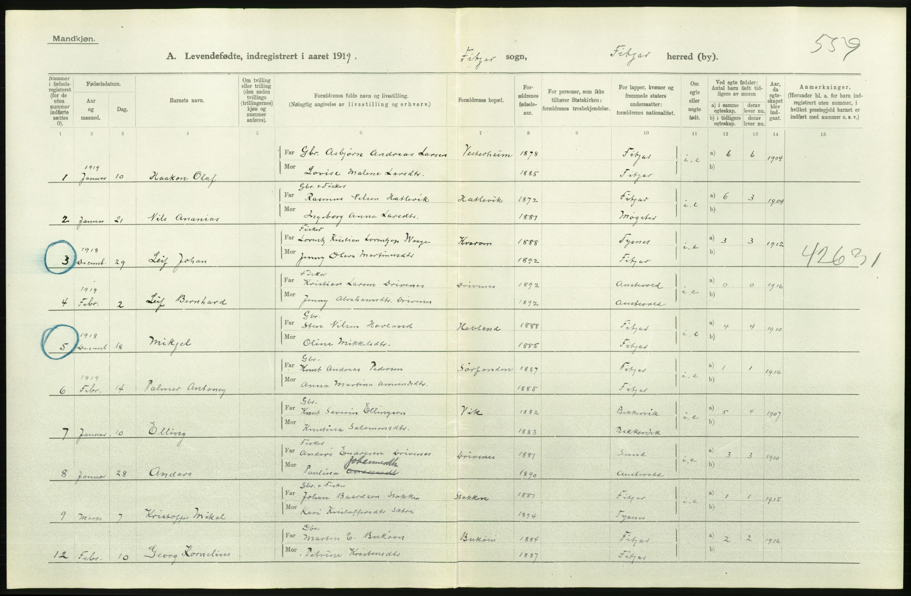 Statistisk sentralbyrå, Sosiodemografiske emner, Befolkning, RA/S-2228/D/Df/Dfb/Dfbi/L0031: Hordaland fylke: Levendefødte menn og kvinner. Bygder., 1919, p. 674