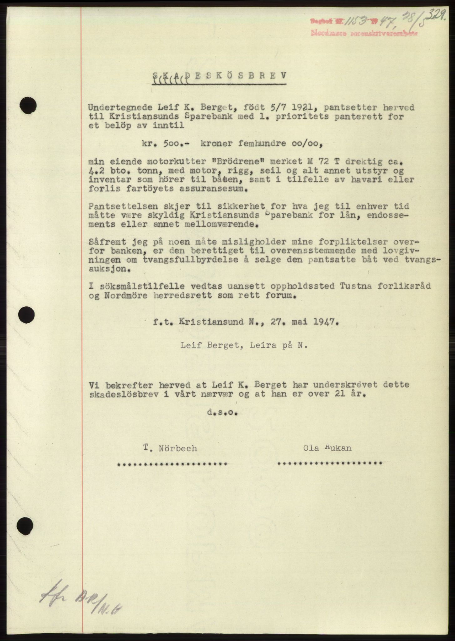 Nordmøre sorenskriveri, AV/SAT-A-4132/1/2/2Ca: Mortgage book no. B96, 1947-1947, Diary no: : 1153/1947