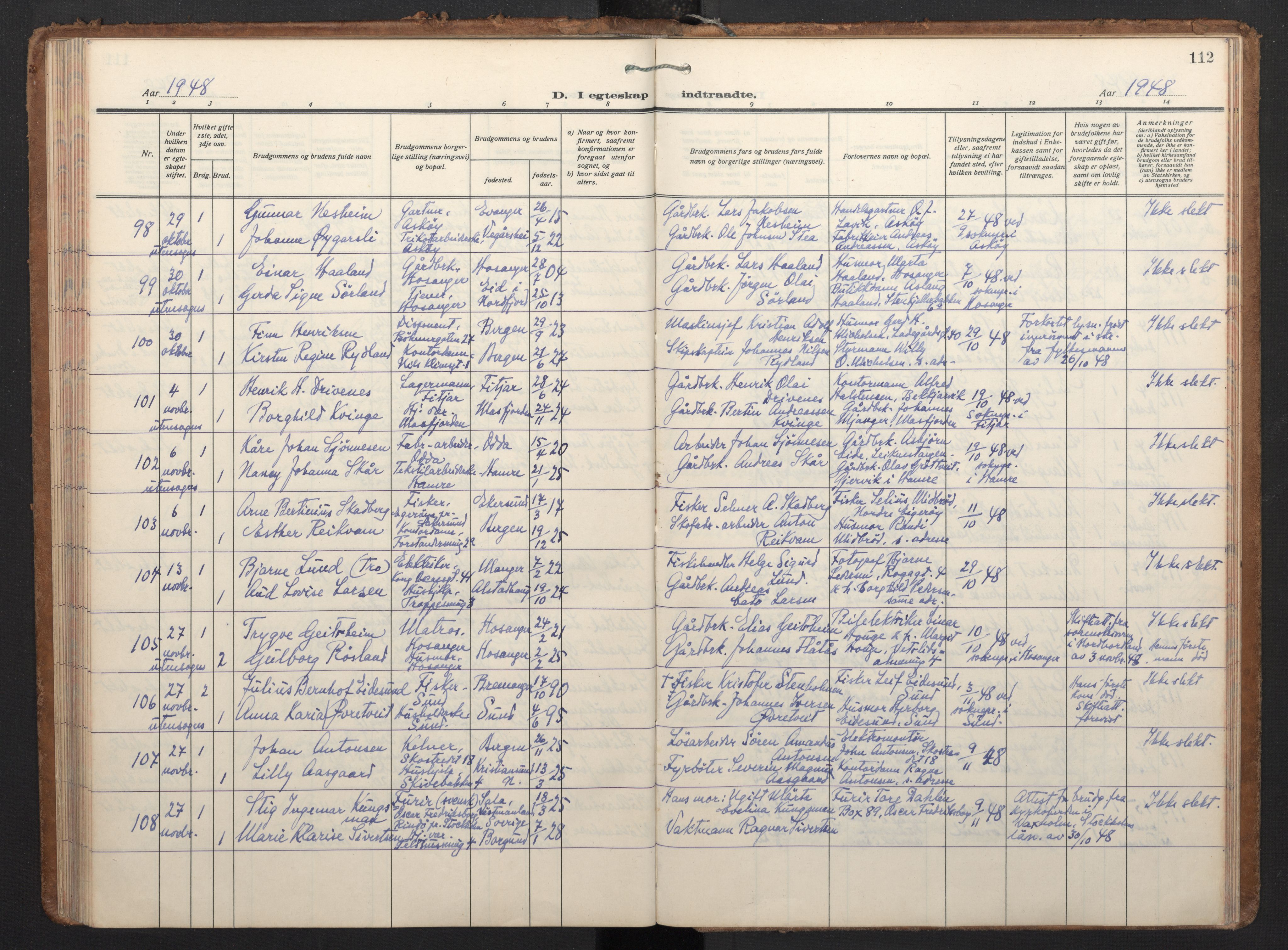 Korskirken sokneprestembete, AV/SAB-A-76101/H/Haa/L0040: Parish register (official) no. D 7, 1938-1952, p. 111b-112a