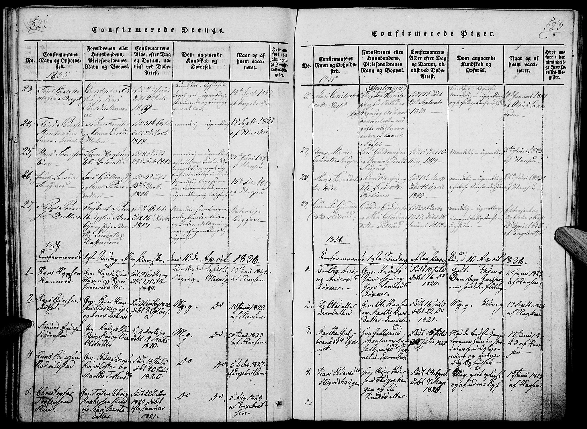 Nord-Odal prestekontor, AV/SAH-PREST-032/H/Ha/Haa/L0001: Parish register (official) no. 1, 1819-1838, p. 522-523