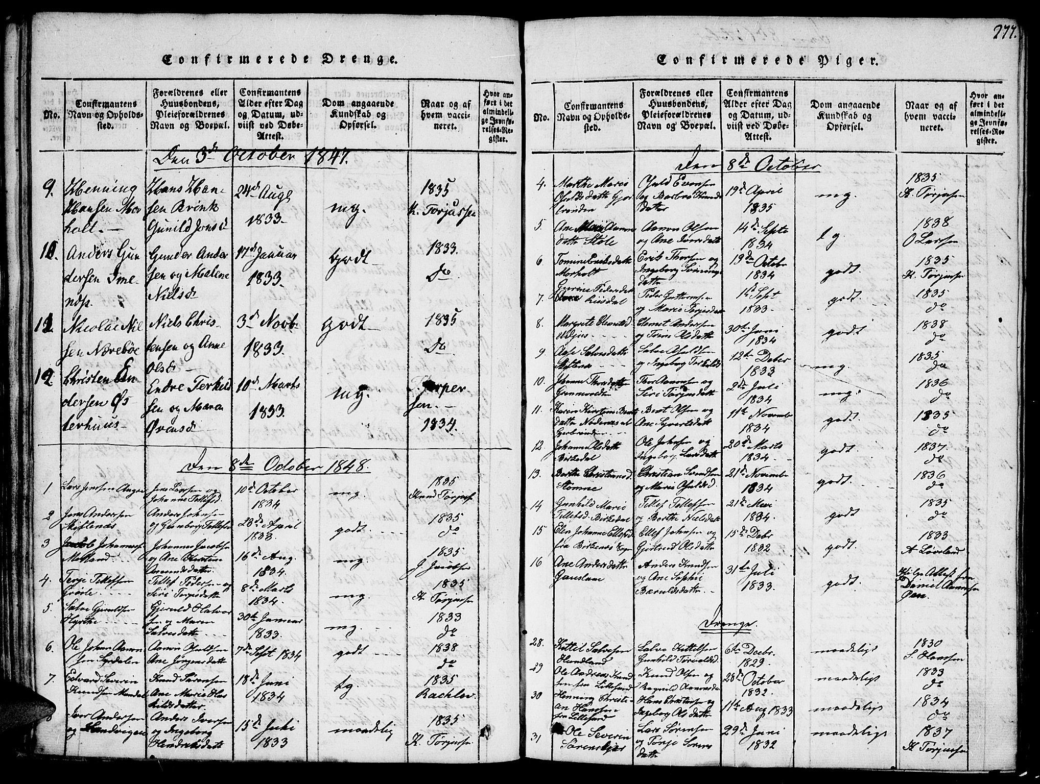 Hommedal sokneprestkontor, SAK/1111-0023/F/Fa/Fab/L0003: Parish register (official) no. A 3, 1815-1848, p. 277