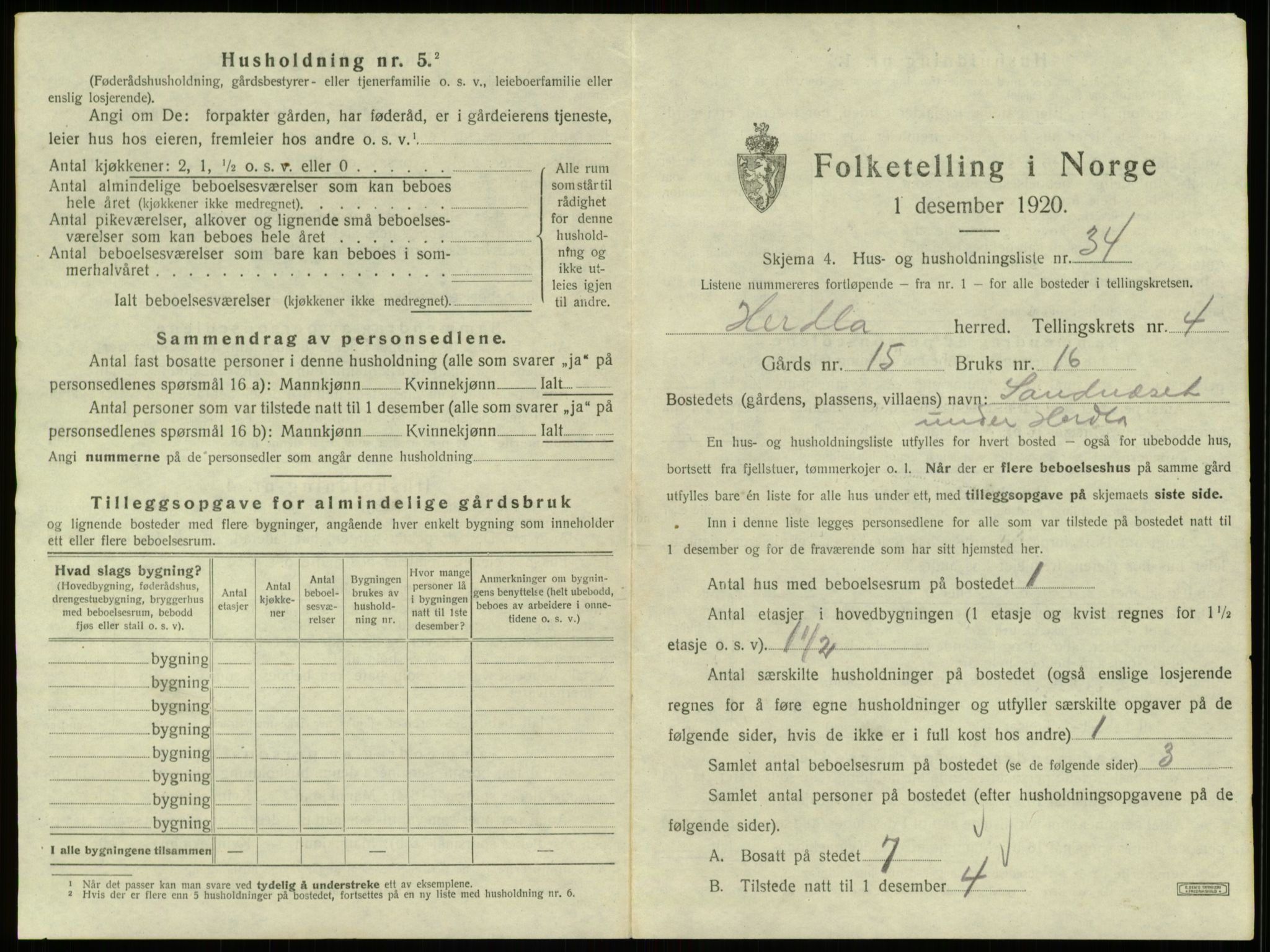 SAB, 1920 census for Herdla, 1920, p. 429