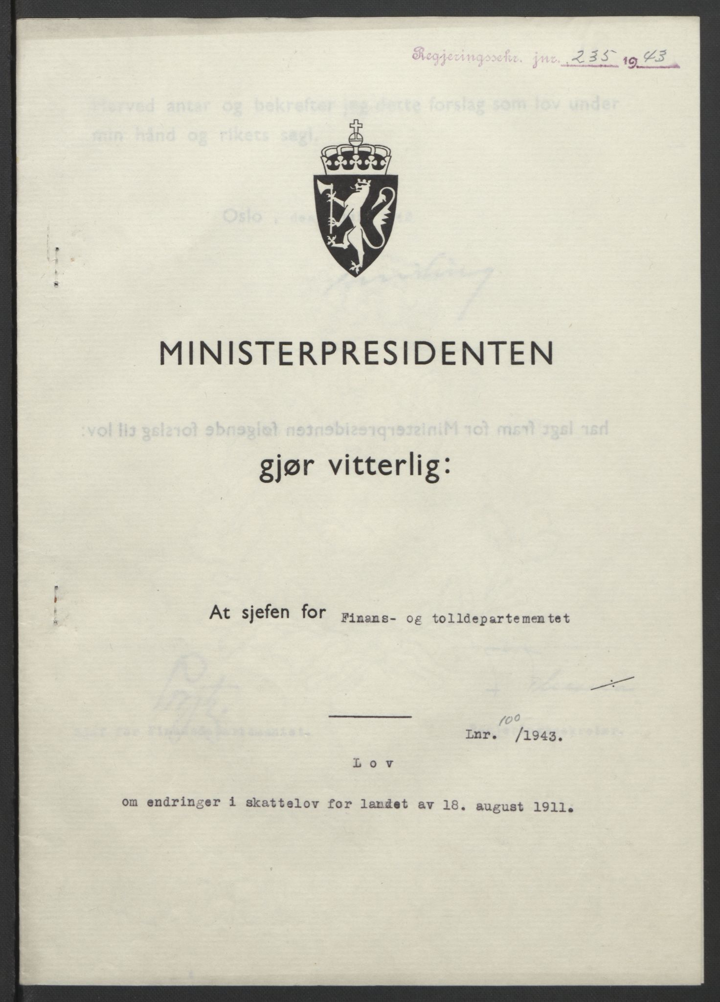 NS-administrasjonen 1940-1945 (Statsrådsekretariatet, de kommisariske statsråder mm), RA/S-4279/D/Db/L0099: Lover, 1943, p. 456
