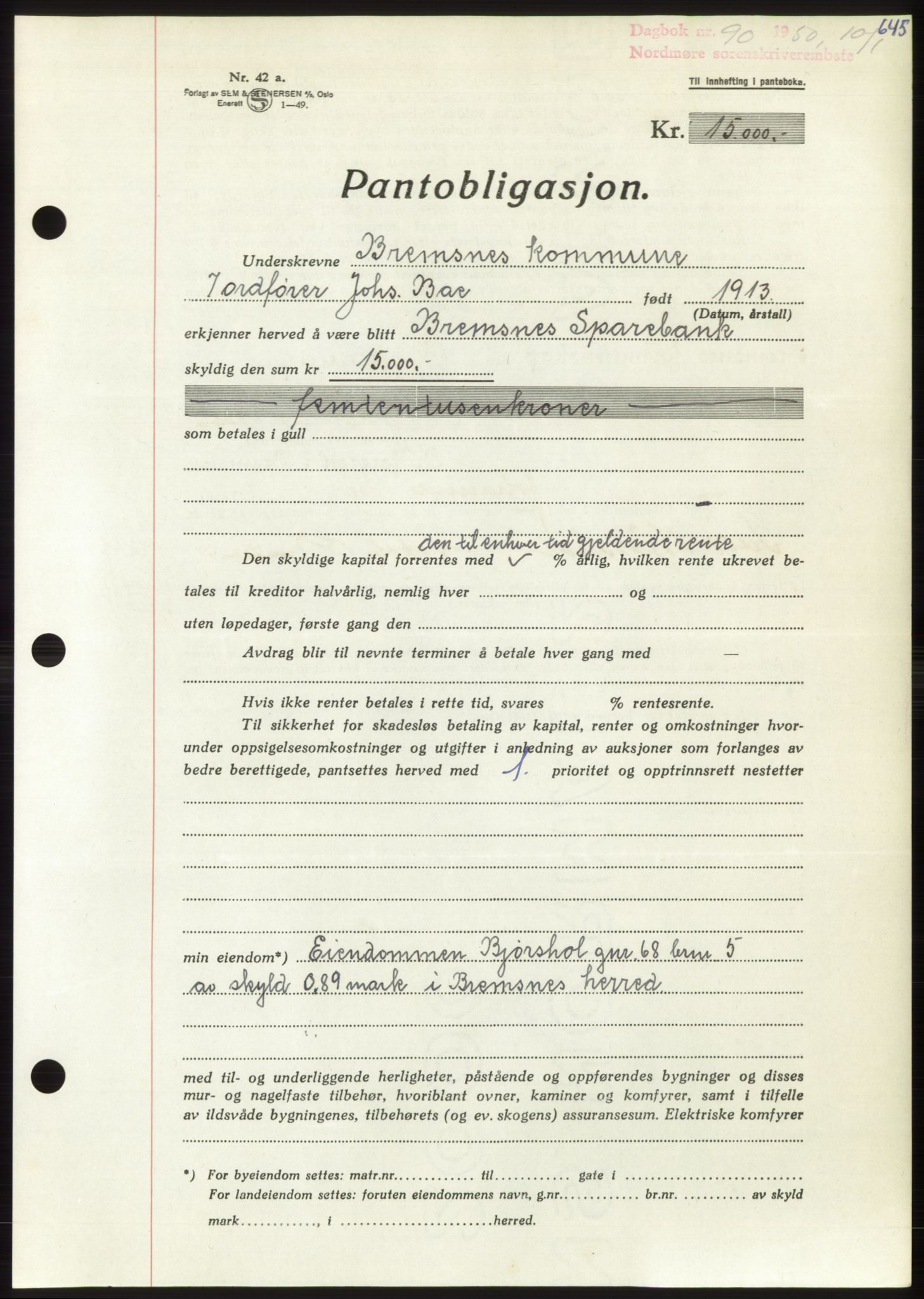 Nordmøre sorenskriveri, AV/SAT-A-4132/1/2/2Ca: Mortgage book no. B103, 1949-1950, Diary no: : 90/1950