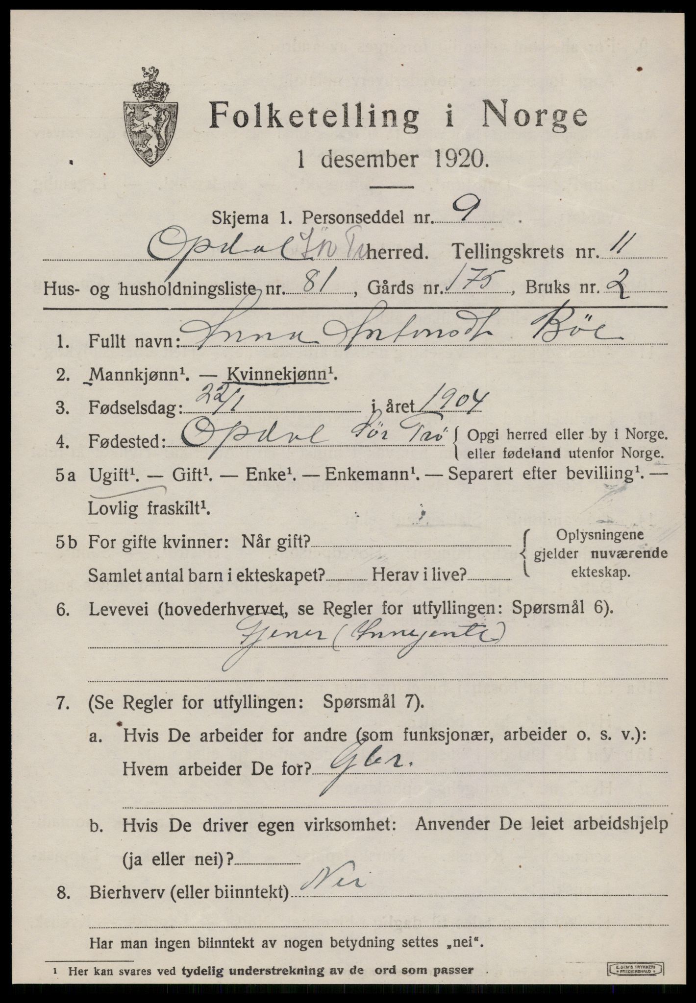 SAT, 1920 census for Oppdal, 1920, p. 10171