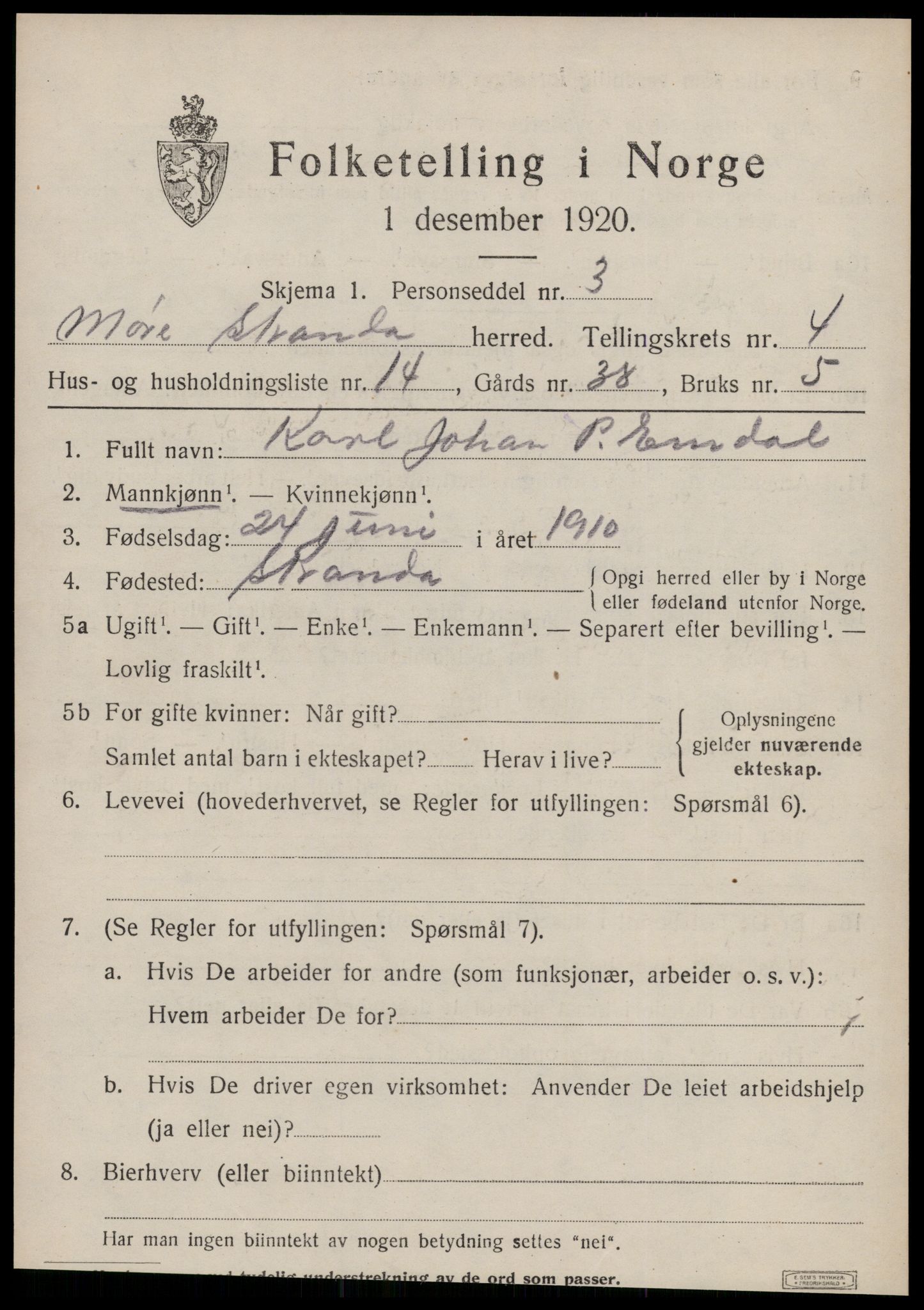 SAT, 1920 census for Stranda, 1920, p. 2621