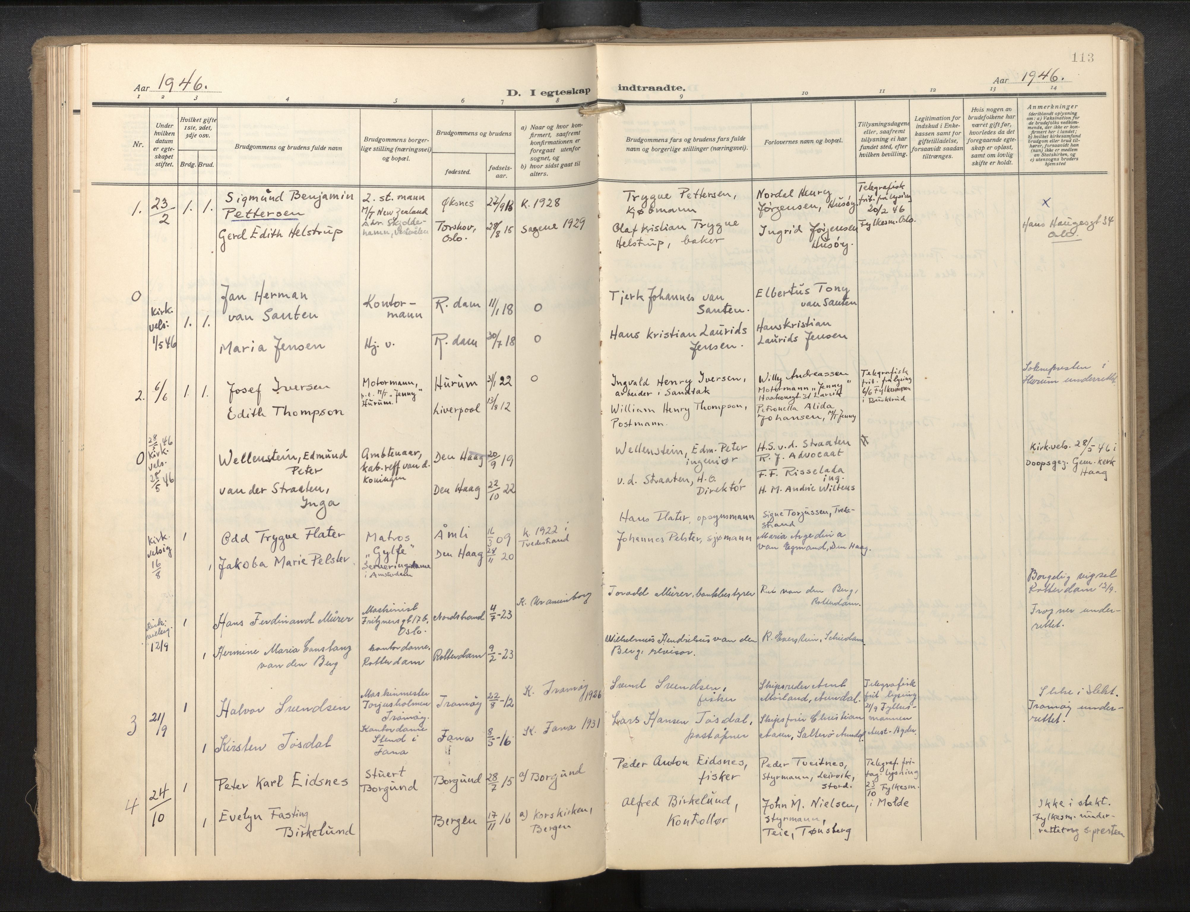 Den norske sjømannsmisjon i utlandet/Hollandske havner (Amsterdam-Rotterdam-Europort), AV/SAB-SAB/PA-0106/H/Ha/Haa/L0004: Parish register (official) no. A 4, 1928-1956, p. 112b-113a