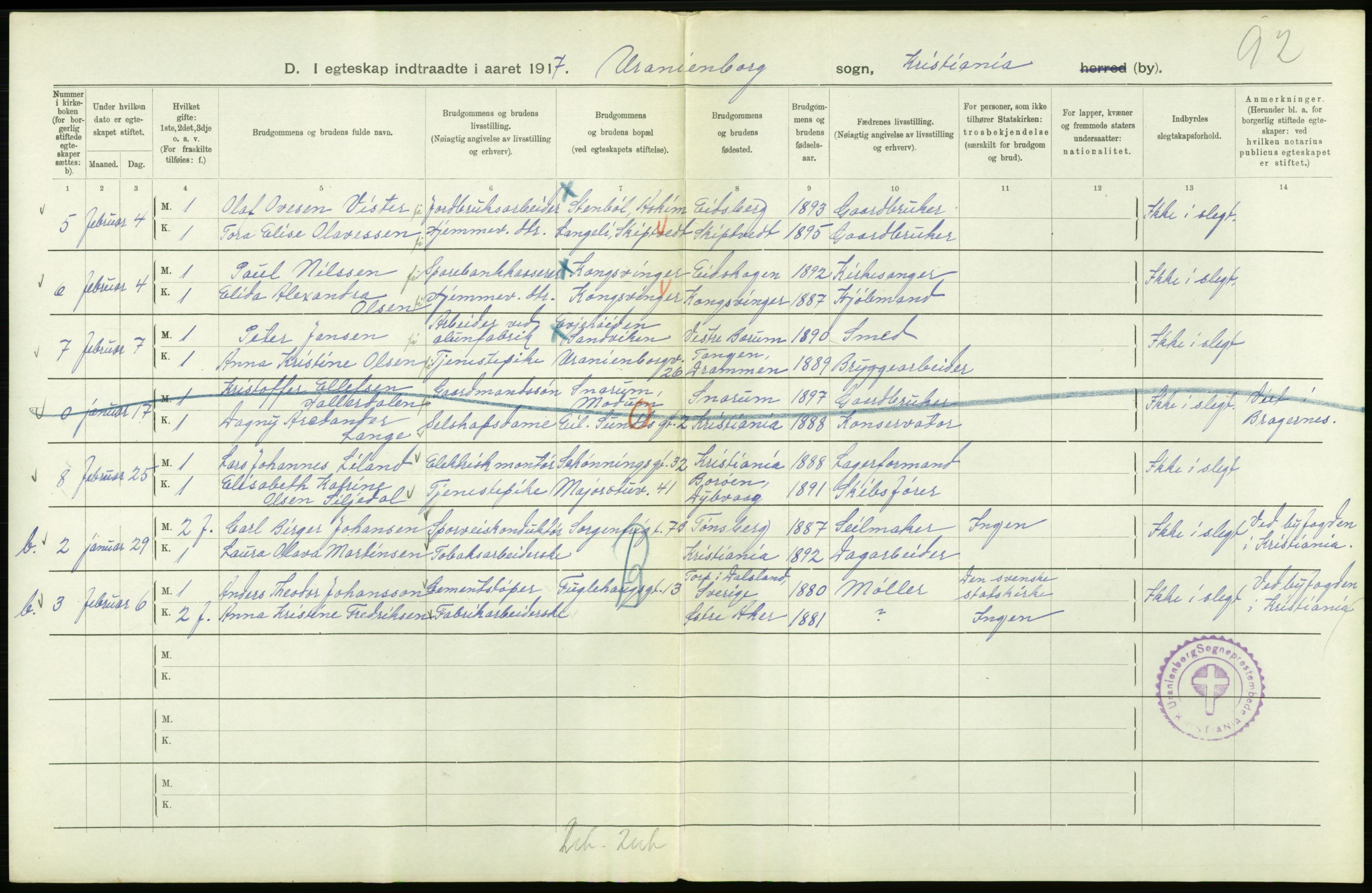 Statistisk sentralbyrå, Sosiodemografiske emner, Befolkning, AV/RA-S-2228/D/Df/Dfb/Dfbg/L0008: Kristiania: Gifte, 1917, p. 520