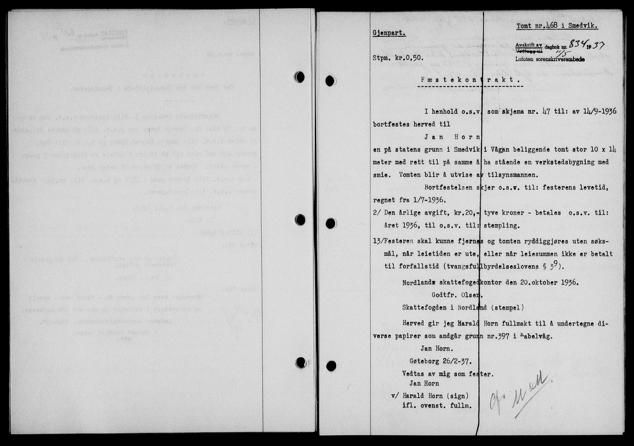 Lofoten sorenskriveri, SAT/A-0017/1/2/2C/L0002a: Mortgage book no. 2a, 1937-1937, Diary no: : 834/1937