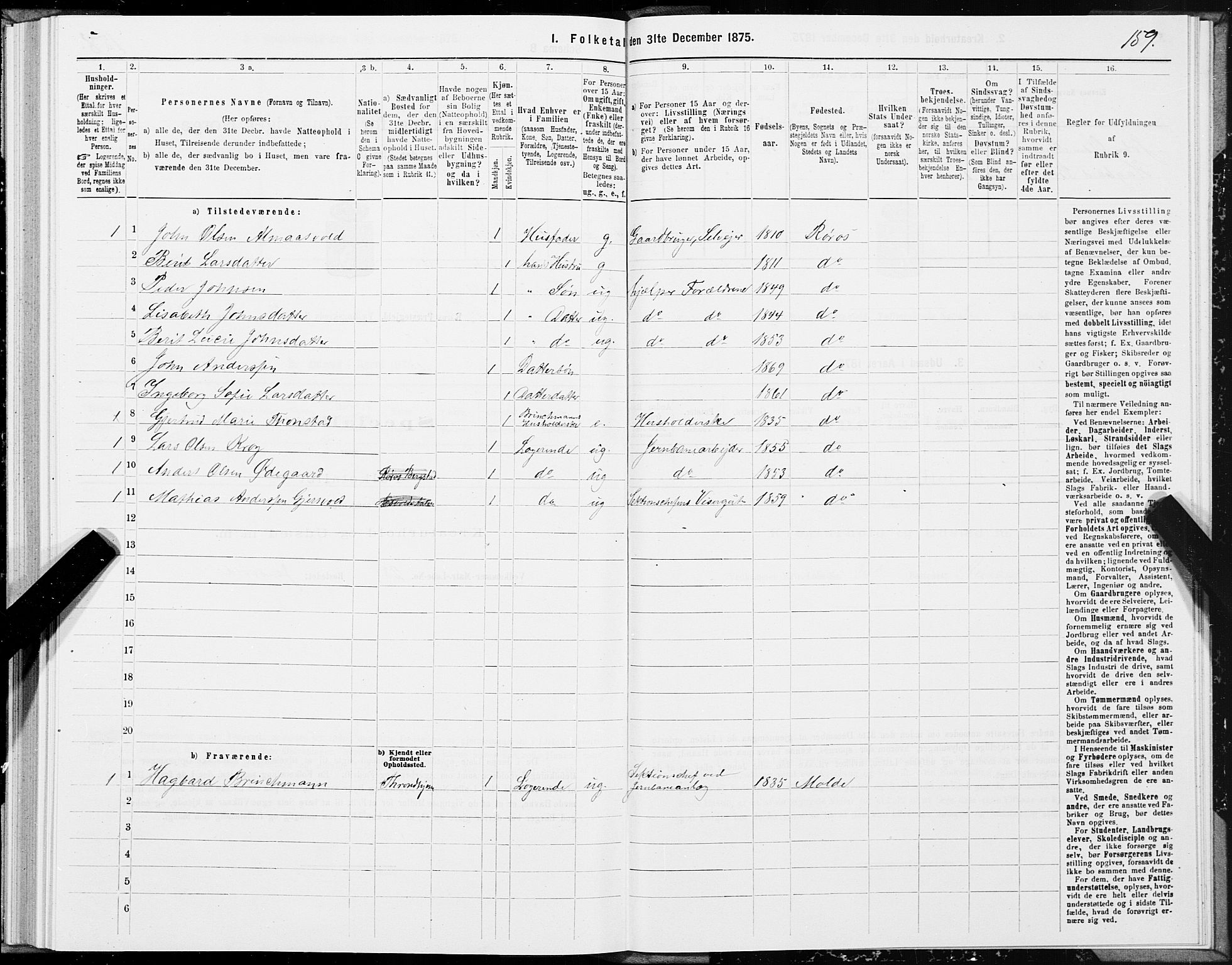 SAT, 1875 census for 1640P Røros, 1875, p. 3159