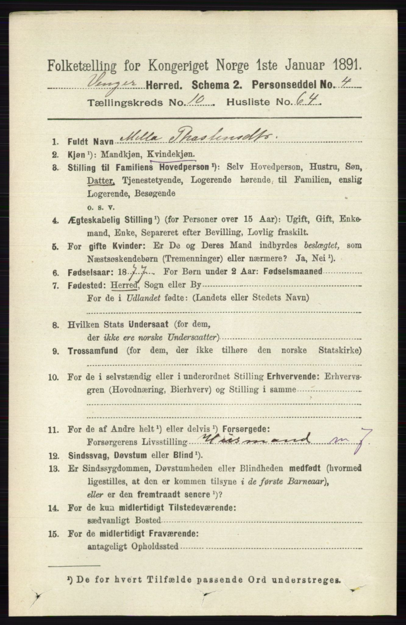 RA, 1891 census for 0421 Vinger, 1891, p. 5272