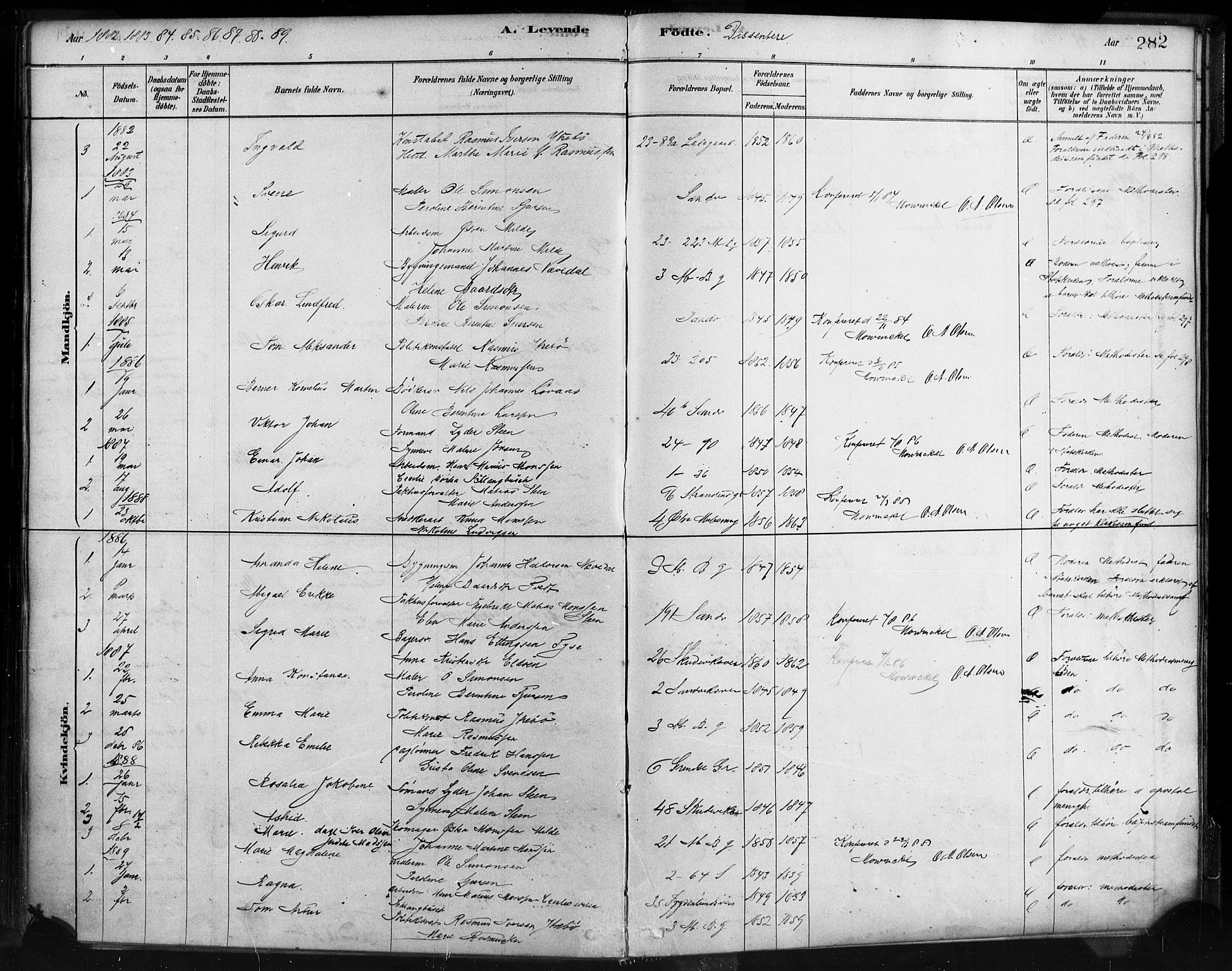 Sandviken Sokneprestembete, SAB/A-77601/H/Ha/L0004: Parish register (official) no. B 1, 1878-1891, p. 282