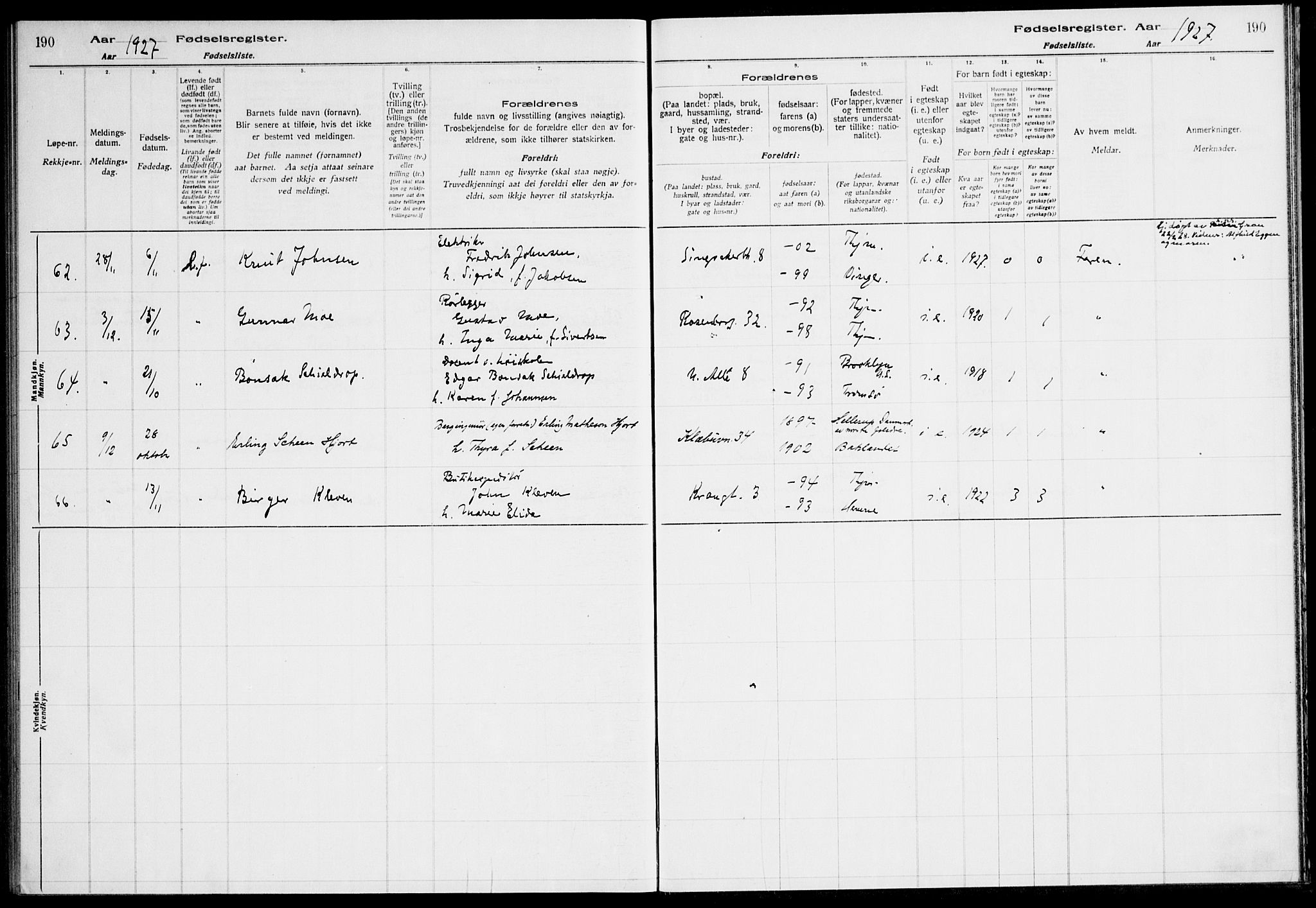 Ministerialprotokoller, klokkerbøker og fødselsregistre - Sør-Trøndelag, AV/SAT-A-1456/604/L0233: Birth register no. 604.II.4.2, 1920-1928, p. 190