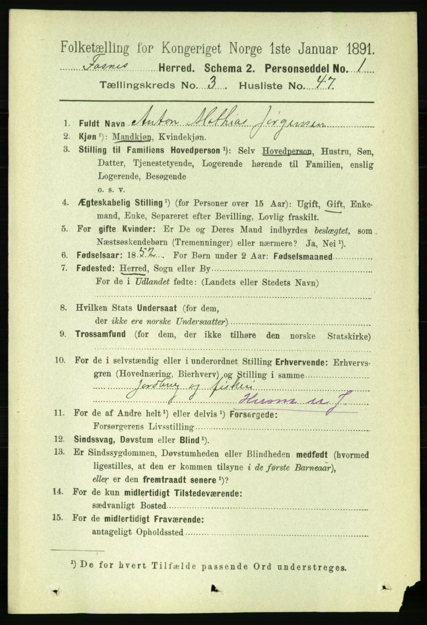 RA, 1891 census for 1748 Fosnes, 1891, p. 1029