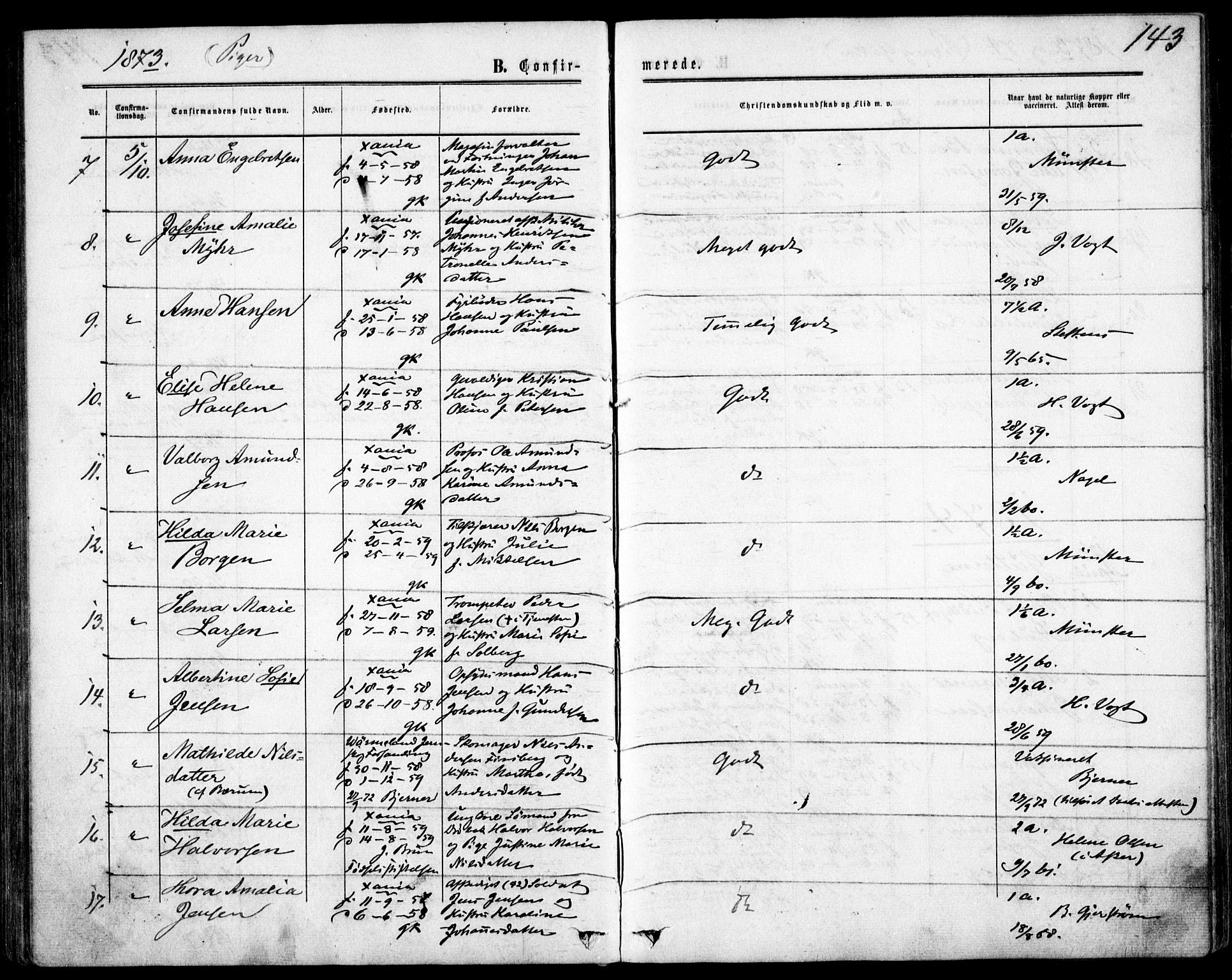 Garnisonsmenigheten Kirkebøker, AV/SAO-A-10846/F/Fa/L0011: Parish register (official) no. 11, 1870-1880, p. 143