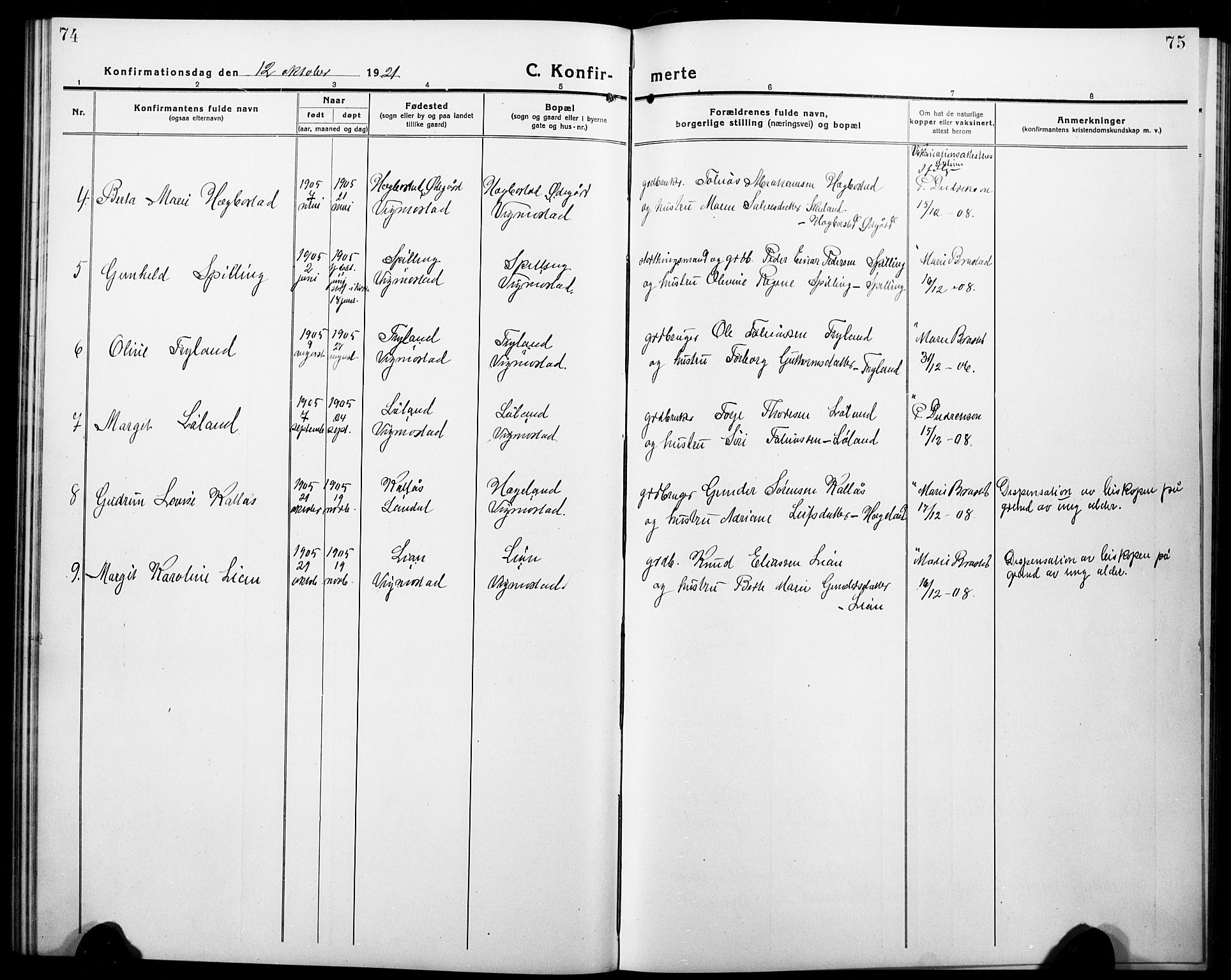 Nord-Audnedal sokneprestkontor, AV/SAK-1111-0032/F/Fb/Fbb/L0005: Parish register (copy) no. B 5, 1918-1929, p. 74-75