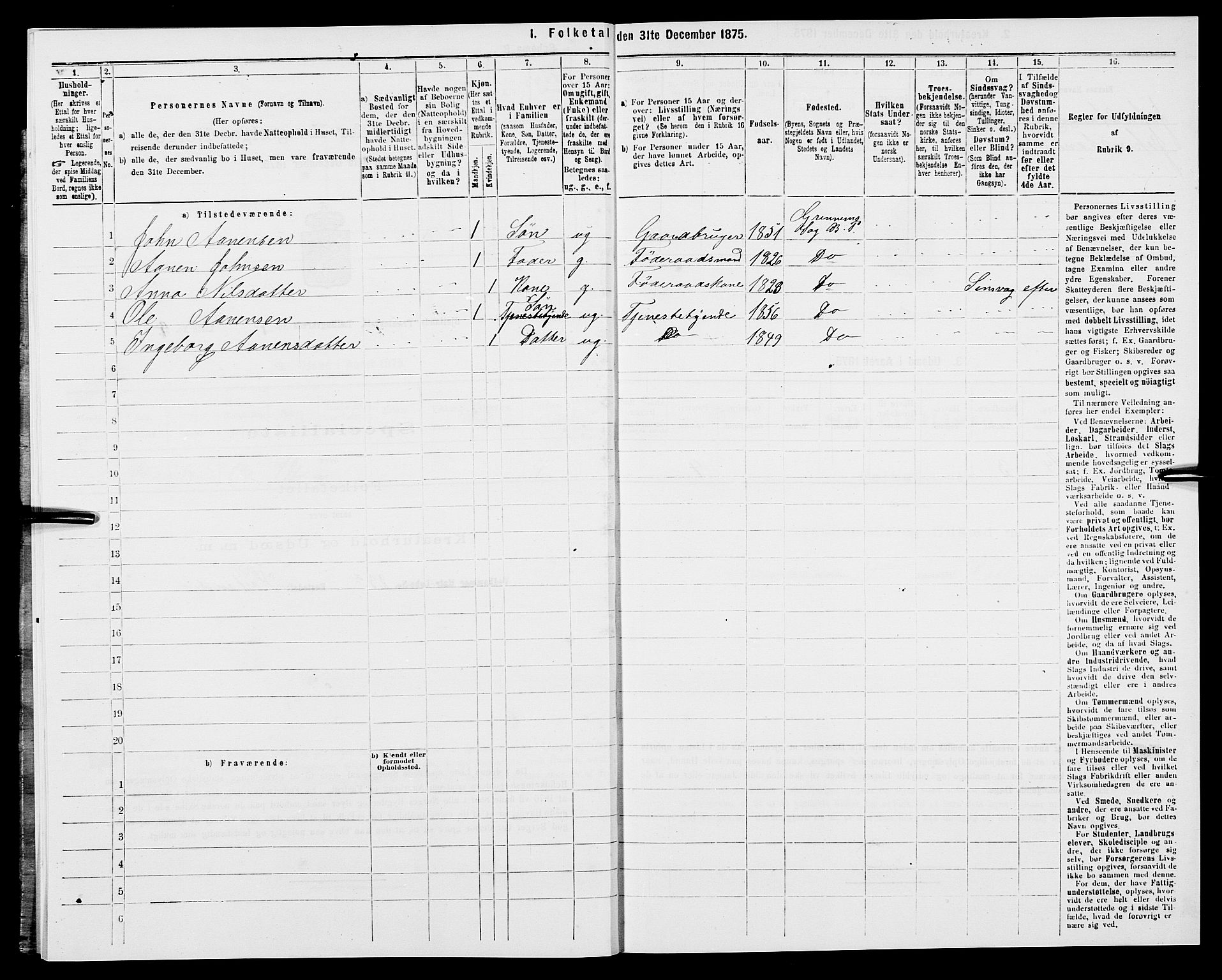 SAK, 1875 census for 1024P Bjelland, 1875, p. 398