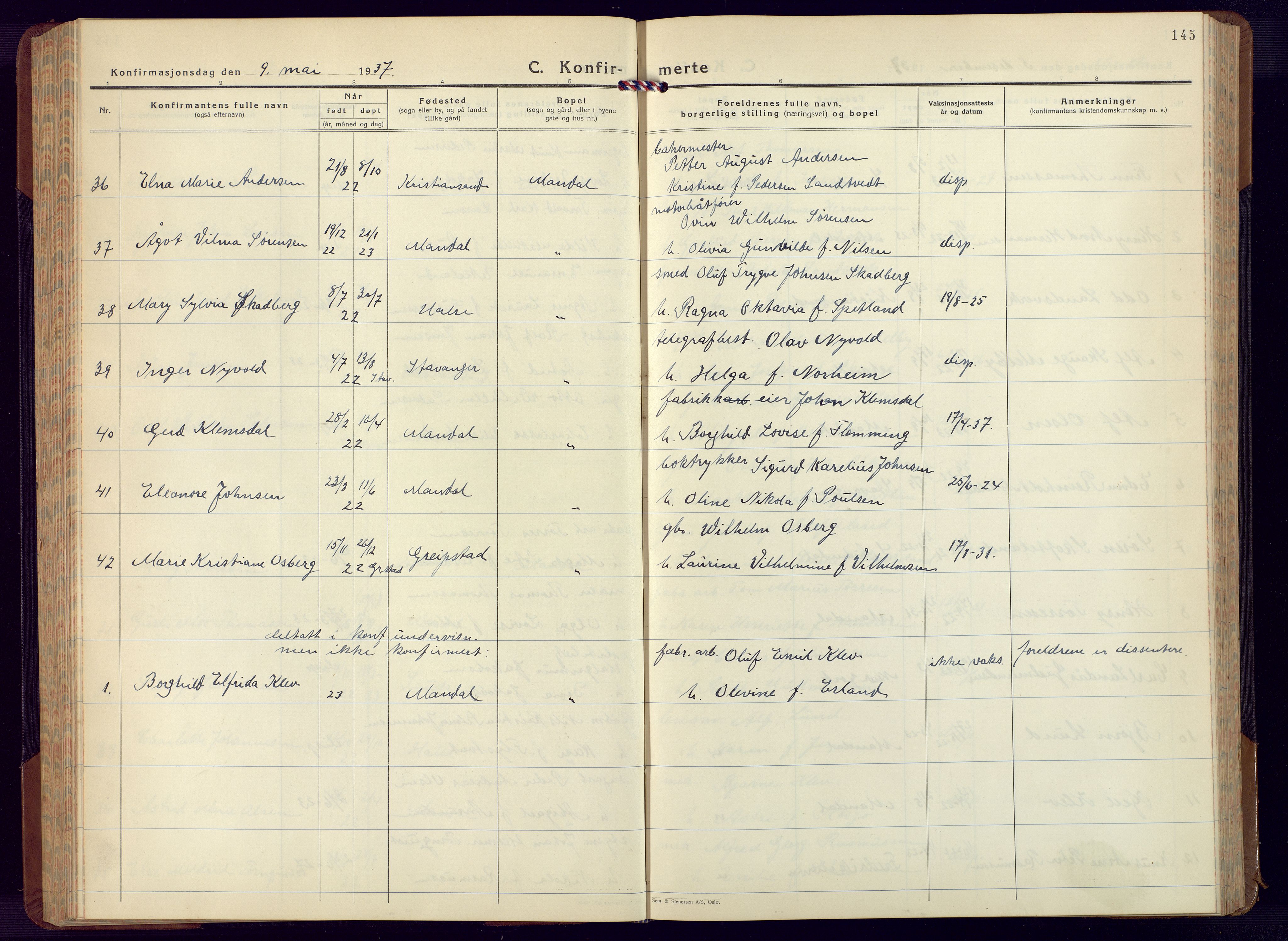 Mandal sokneprestkontor, SAK/1111-0030/F/Fb/Fbc/L0002: Parish register (copy) no. B 2, 1931-1949, p. 145
