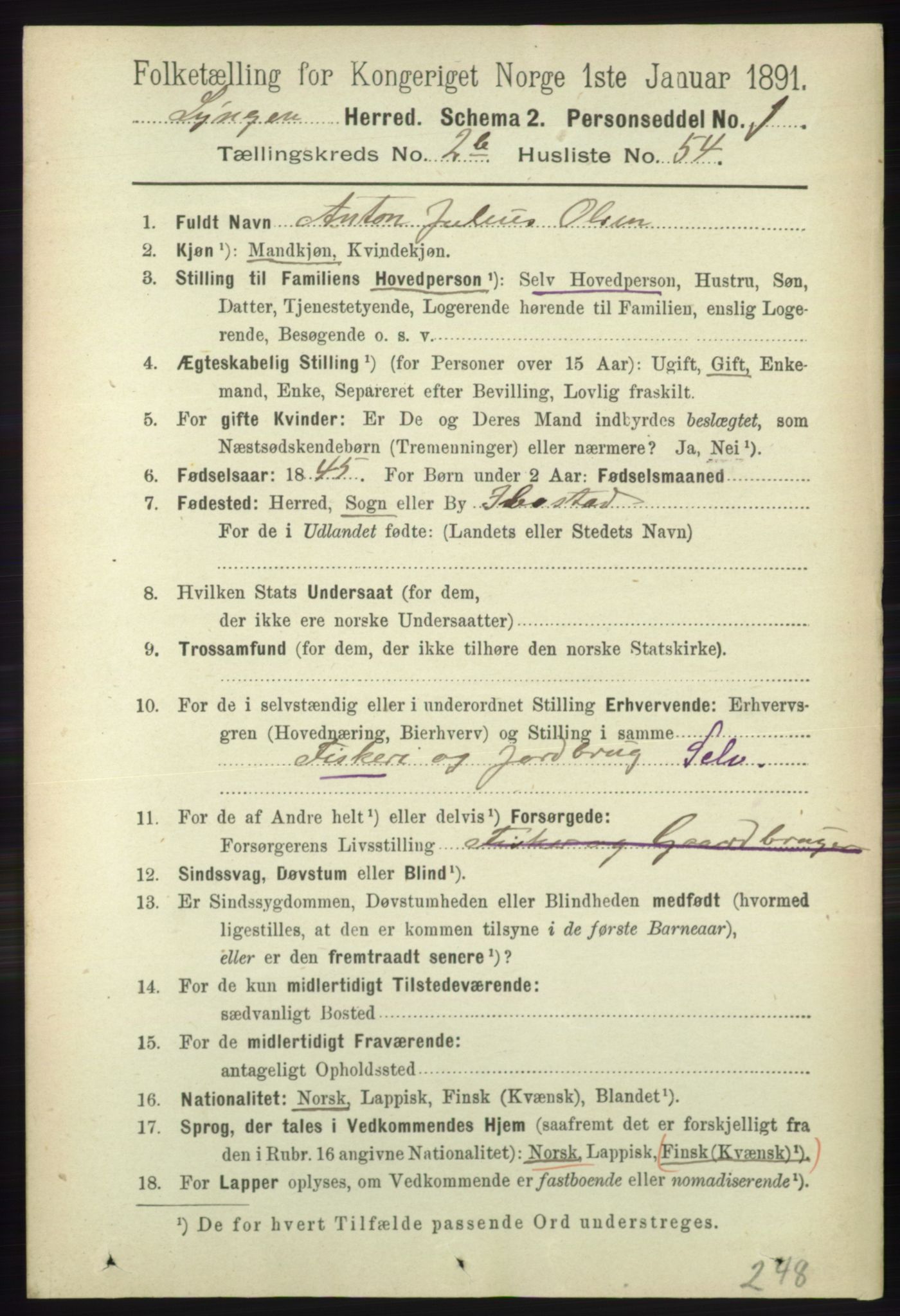 RA, 1891 census for 1938 Lyngen, 1891, p. 2836