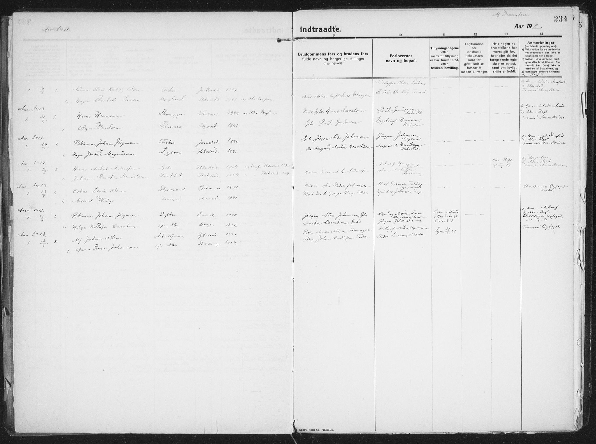 Lenvik sokneprestembete, SATØ/S-1310/H/Ha/Haa/L0016kirke: Parish register (official) no. 16, 1910-1924, p. 234