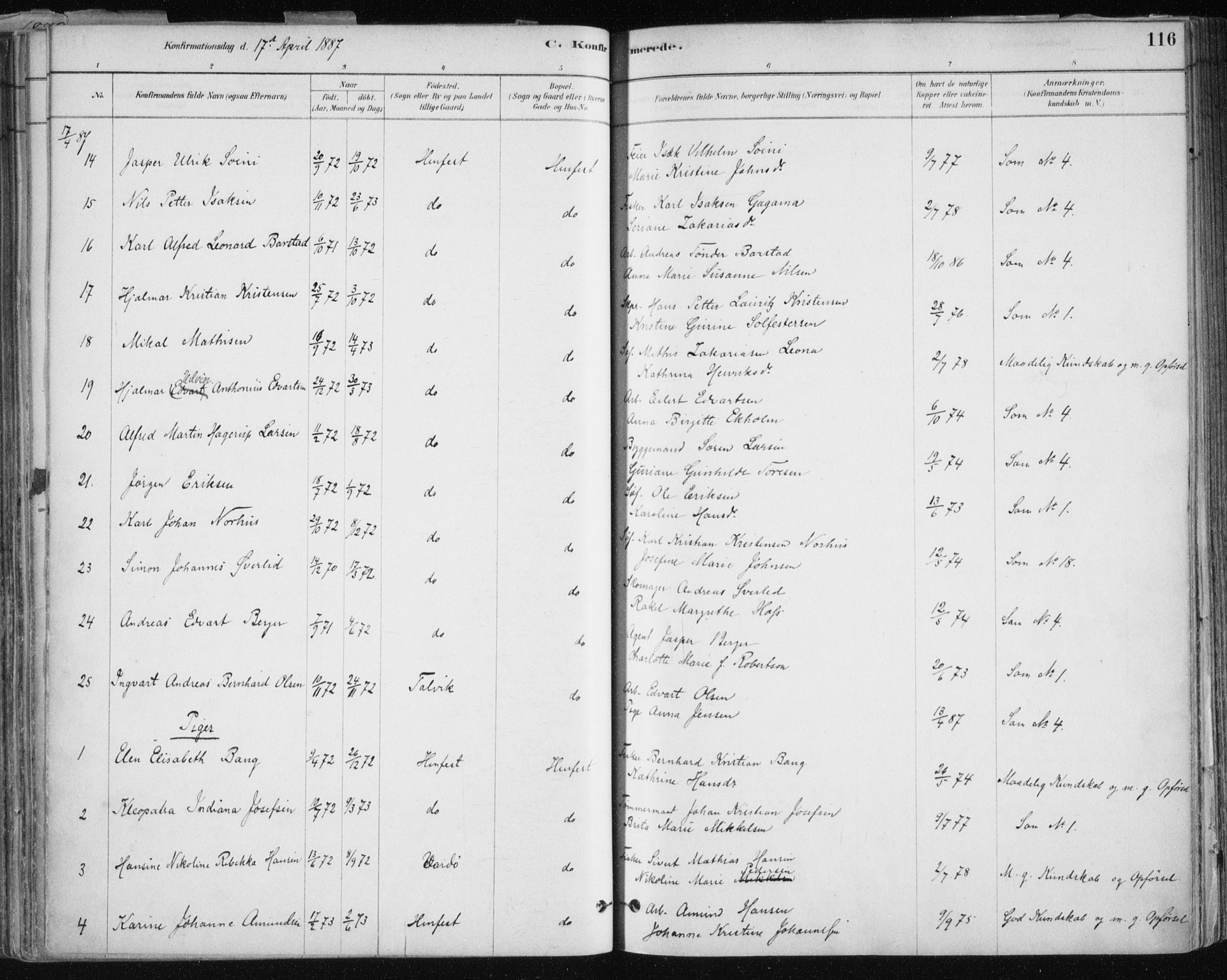 Hammerfest sokneprestkontor, AV/SATØ-S-1347/H/Ha/L0008.kirke: Parish register (official) no. 8, 1878-1889, p. 116