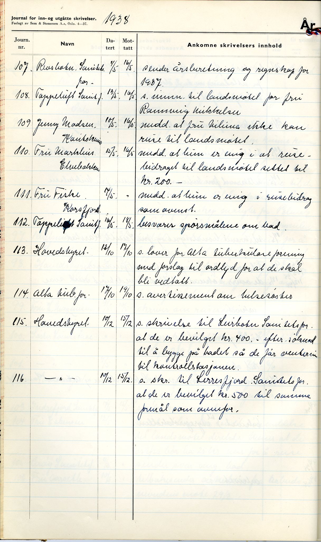 Norske Kvinners Sanitetsforening Finnmark , FMFB/A-1006/C/L0008: Journal for inn- og utgåtte brev, 1938-1944