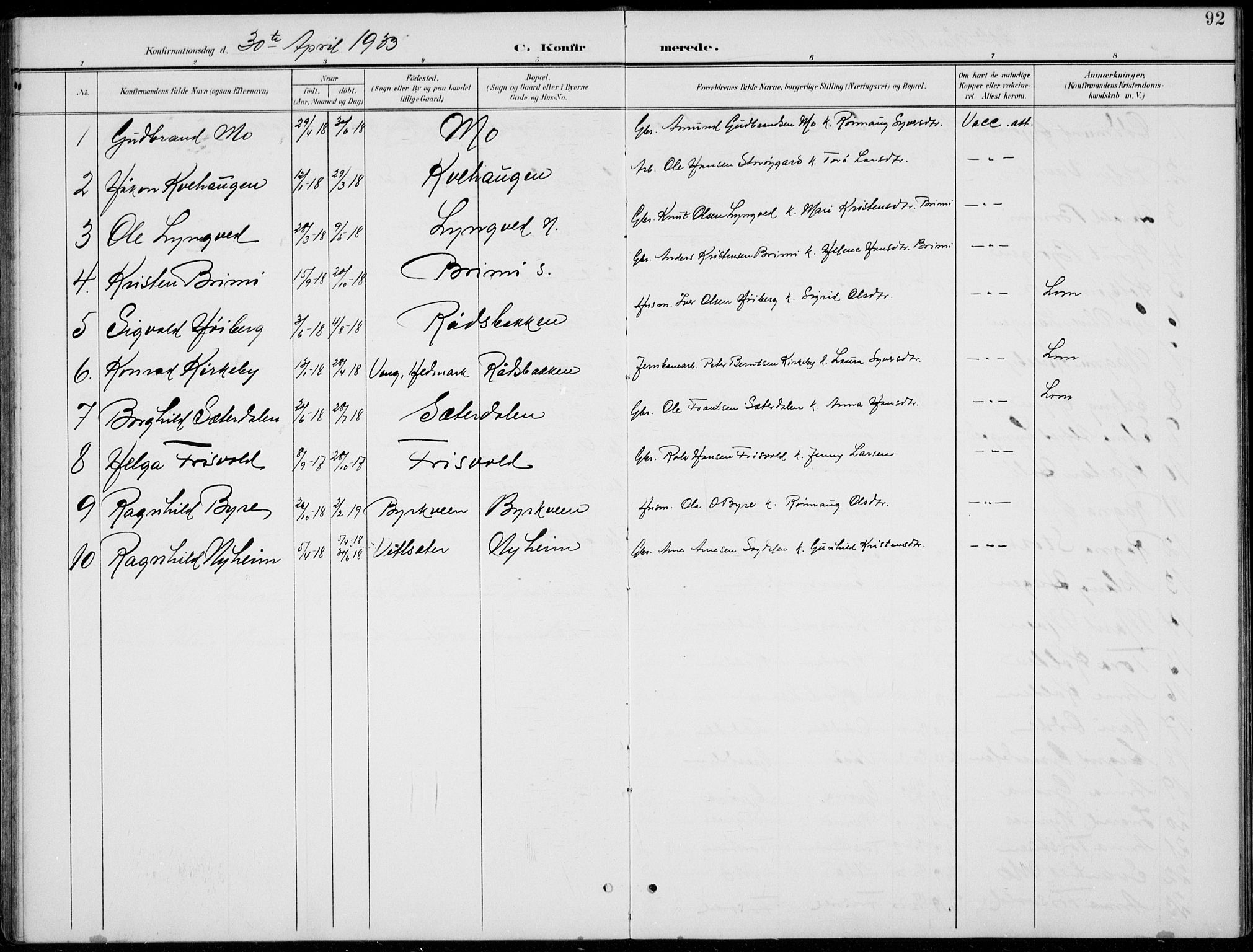 Lom prestekontor, SAH/PREST-070/L/L0006: Parish register (copy) no. 6, 1901-1939, p. 92