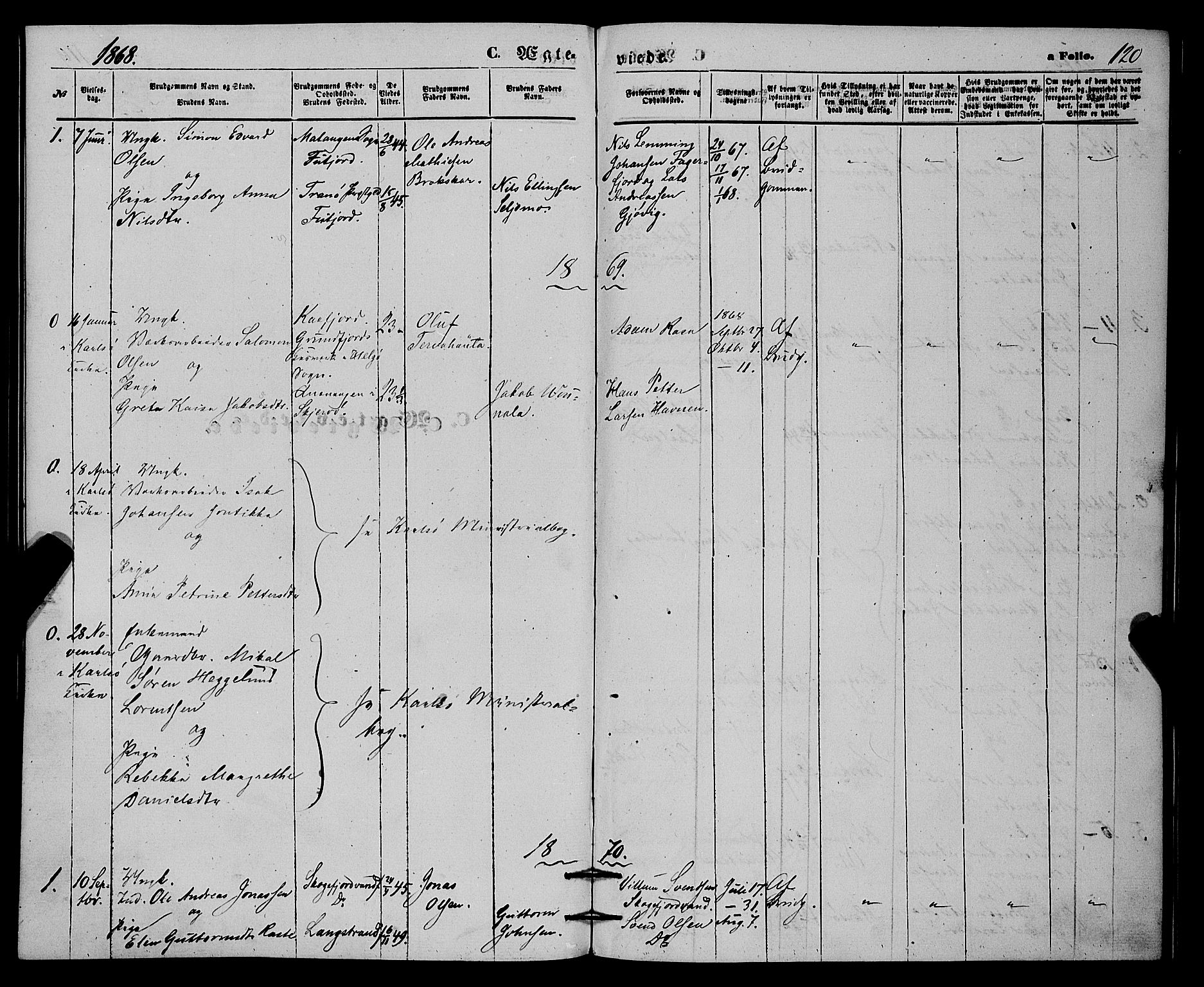 Karlsøy sokneprestembete, AV/SATØ-S-1299/H/Ha/Haa/L0010kirke: Parish register (official) no. 10, 1867-1878, p. 120