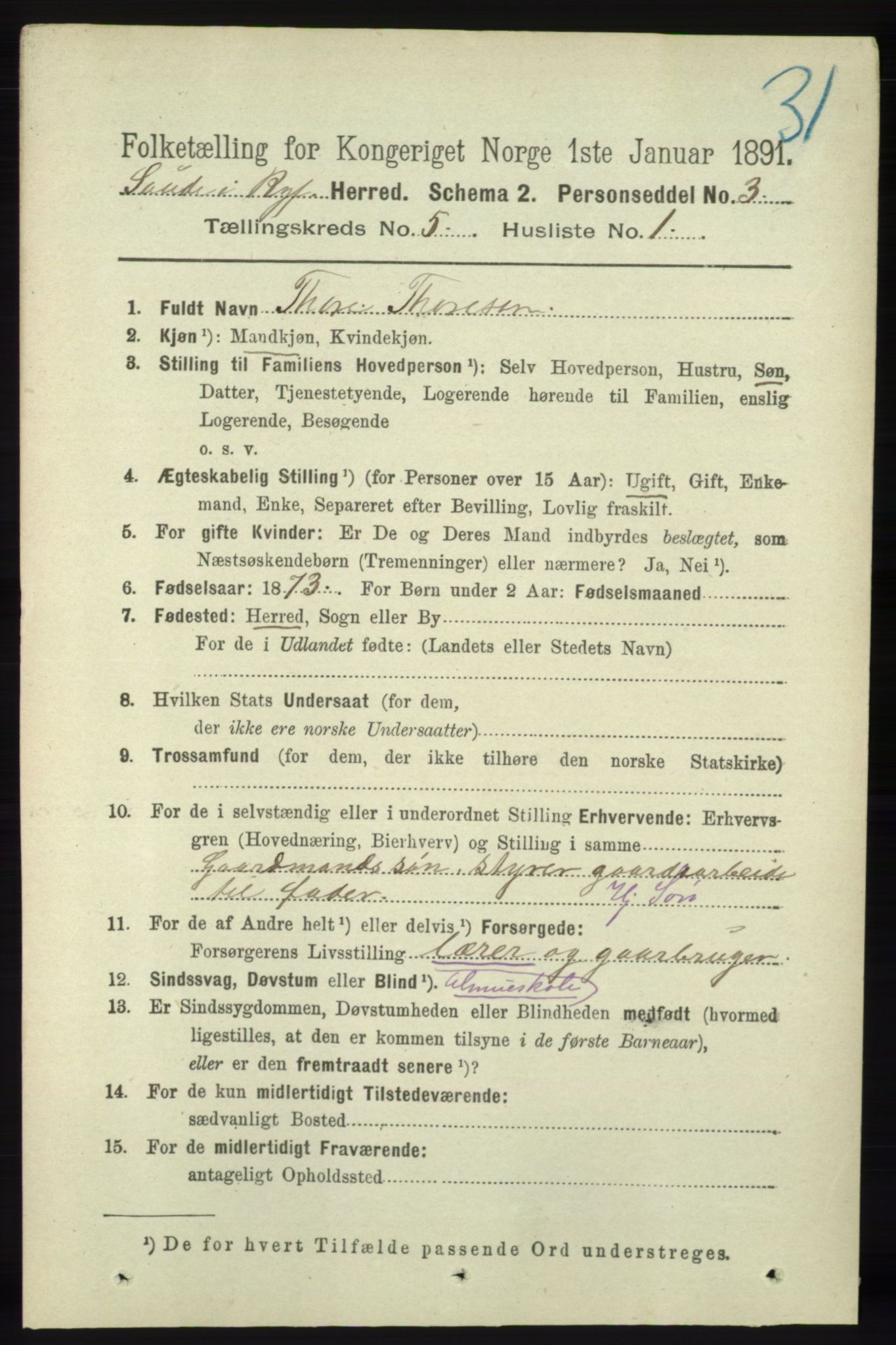 RA, 1891 census for 1135 Sauda, 1891, p. 2212