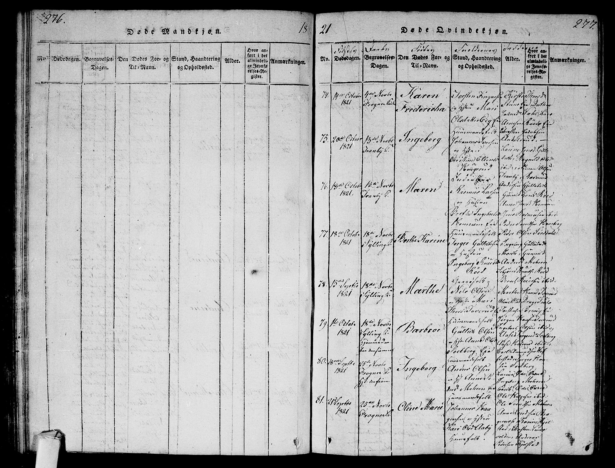 Lier kirkebøker, AV/SAKO-A-230/G/Ga/L0001: Parish register (copy) no. I 1, 1813-1824, p. 276-277