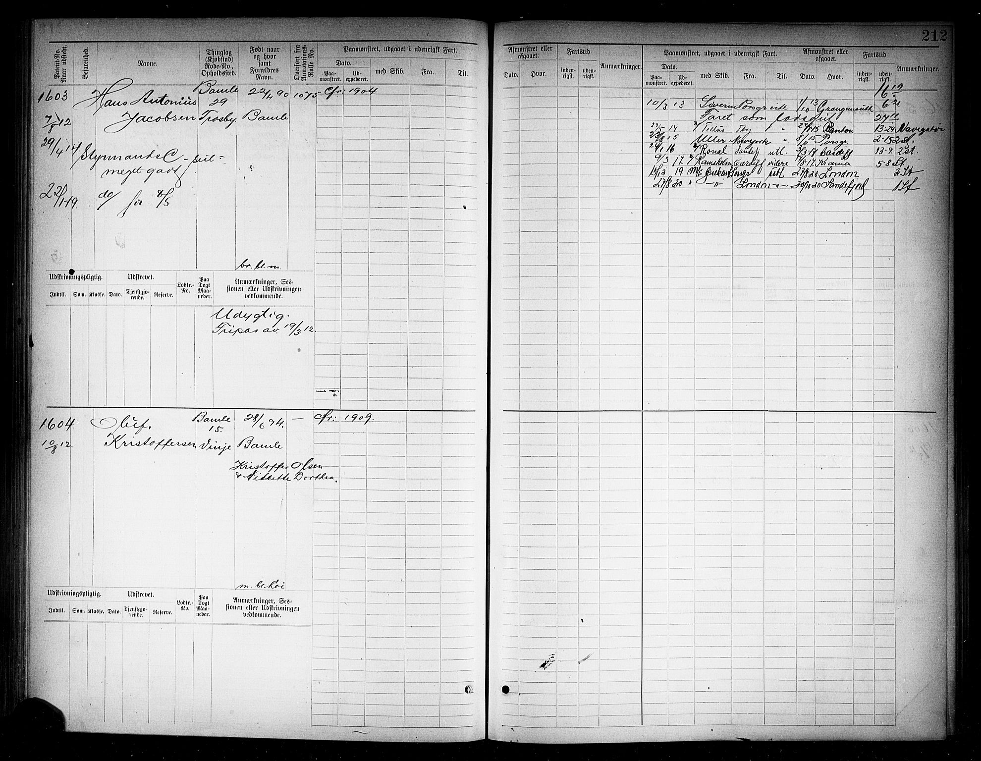 Langesund innrulleringskontor, SAKO/A-831/F/Fc/L0006: Hovedrulle, 1891-1922, p. 215