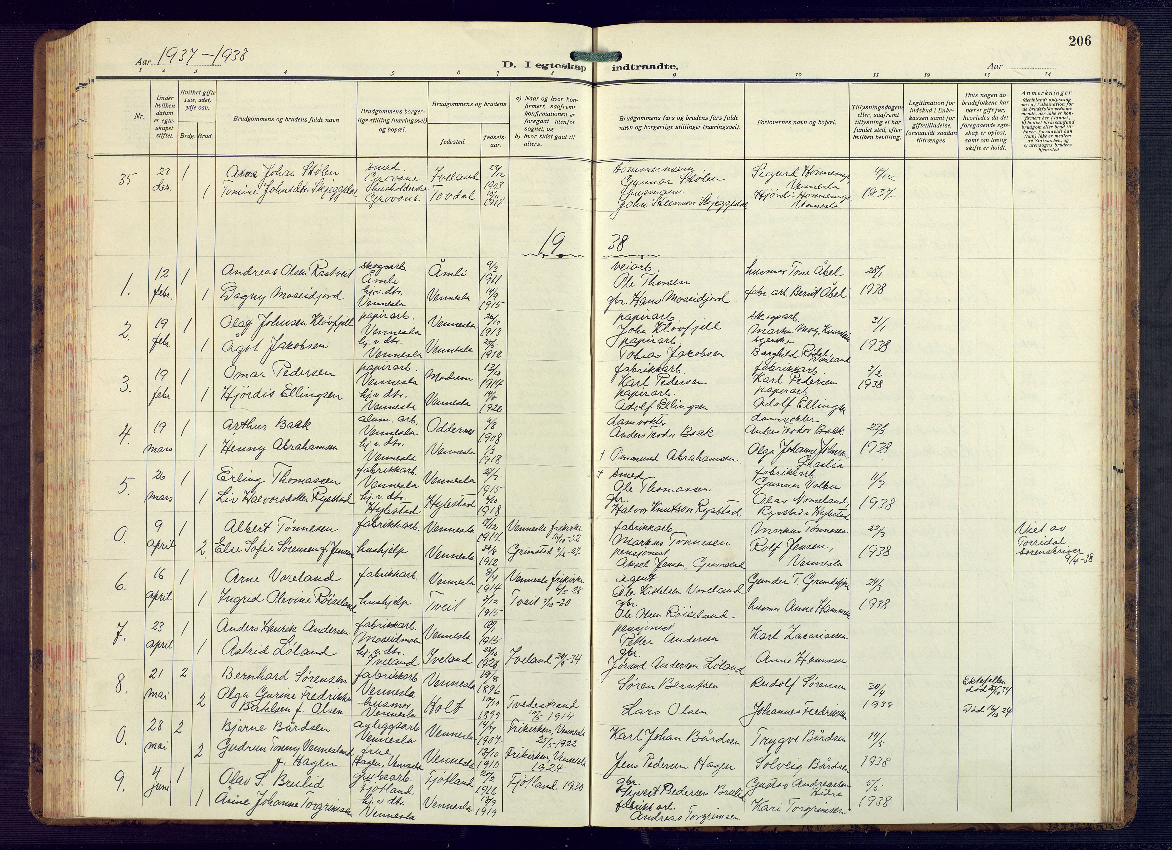 Vennesla sokneprestkontor, AV/SAK-1111-0045/Fb/Fbb/L0008: Parish register (copy) no. B 8, 1934-1947, p. 206