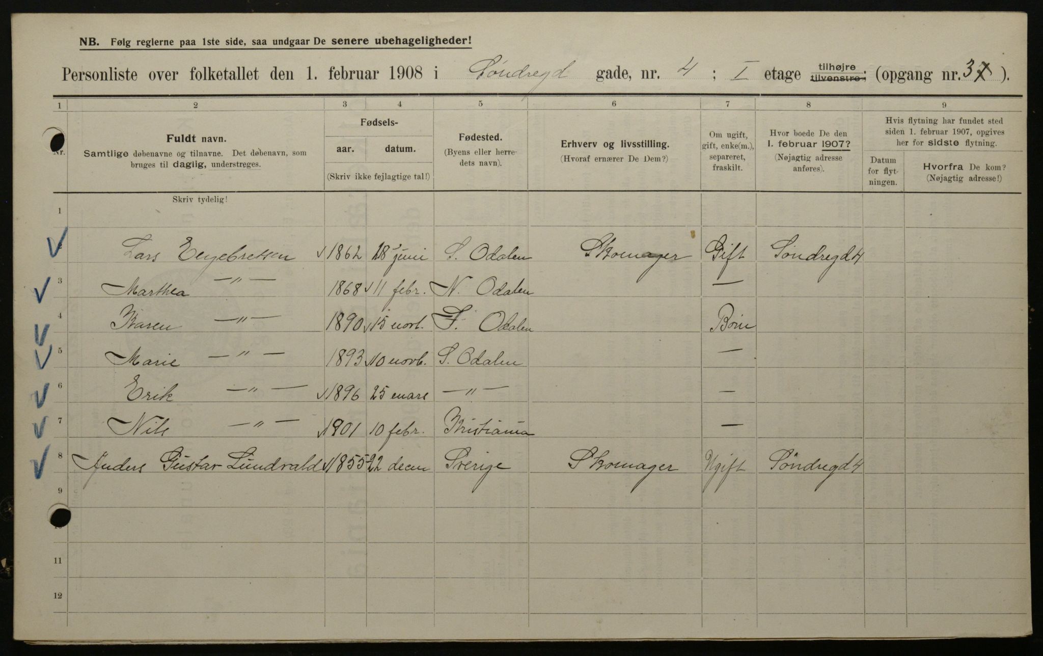 OBA, Municipal Census 1908 for Kristiania, 1908, p. 95580