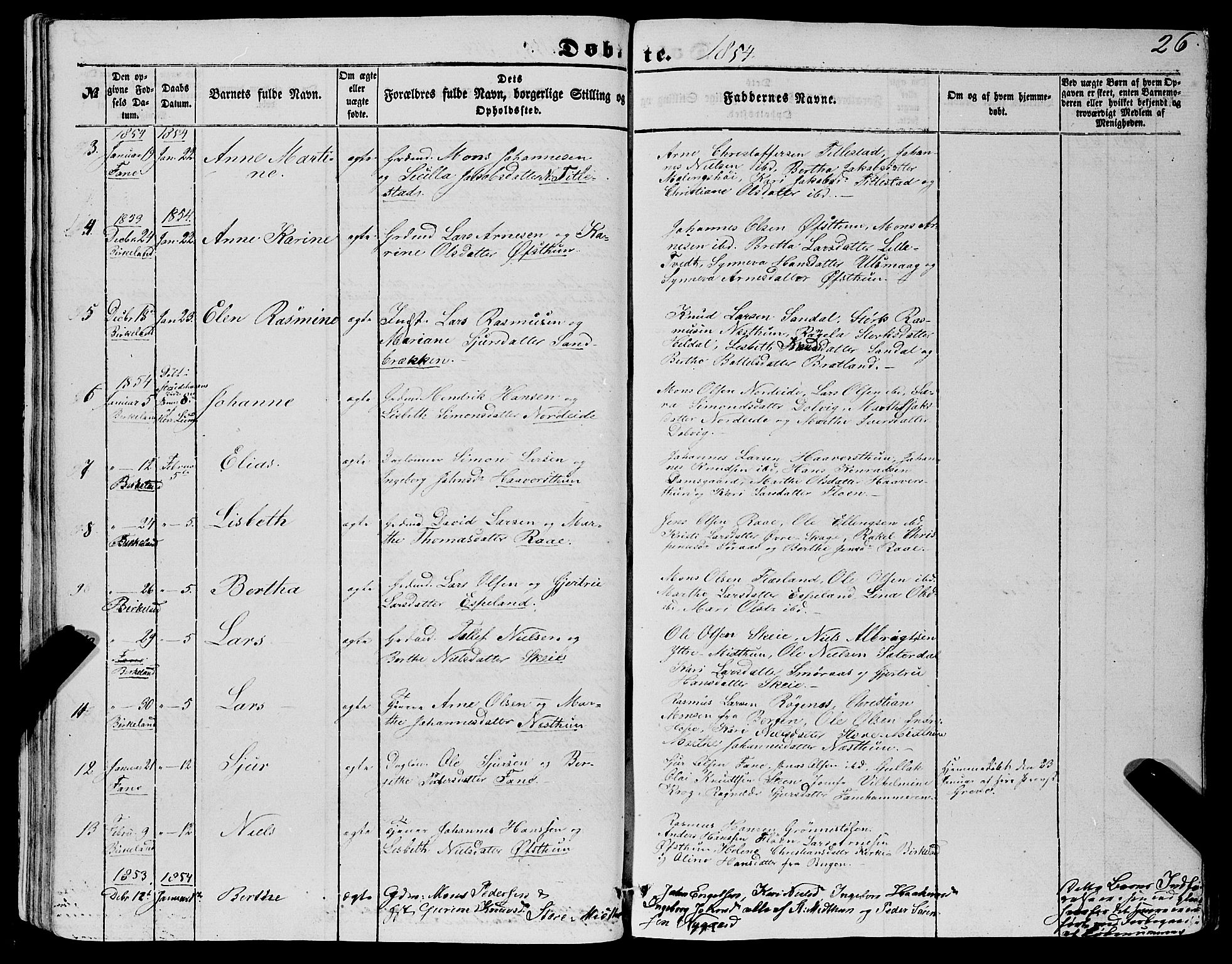 Fana Sokneprestembete, SAB/A-75101/H/Haa/Haaa/L0011: Parish register (official) no. A 11, 1851-1862, p. 26