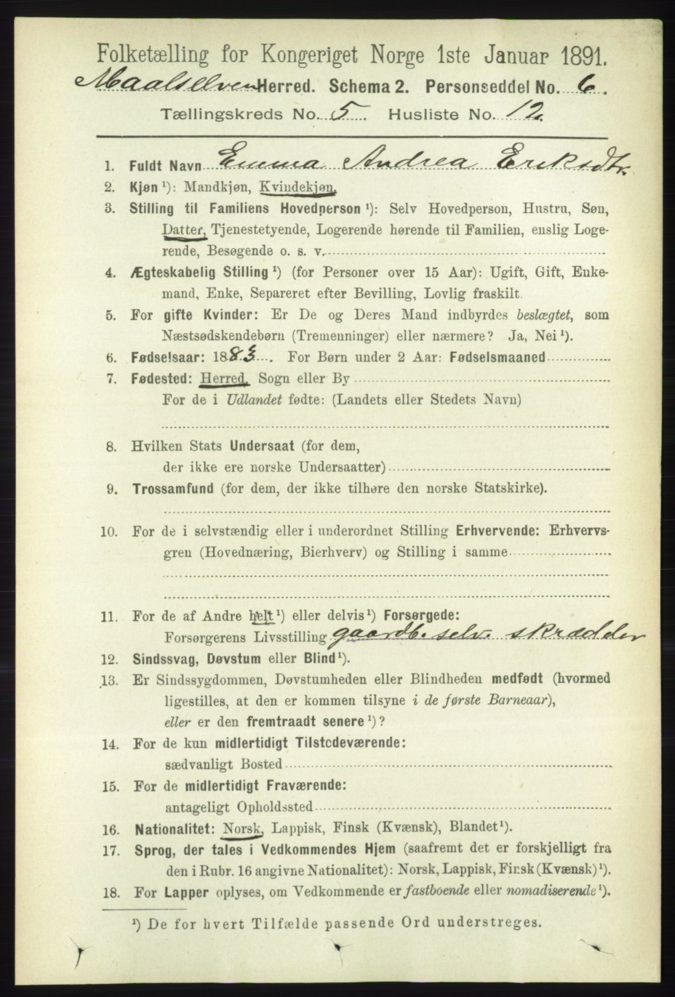 RA, 1891 census for 1924 Målselv, 1891, p. 1709