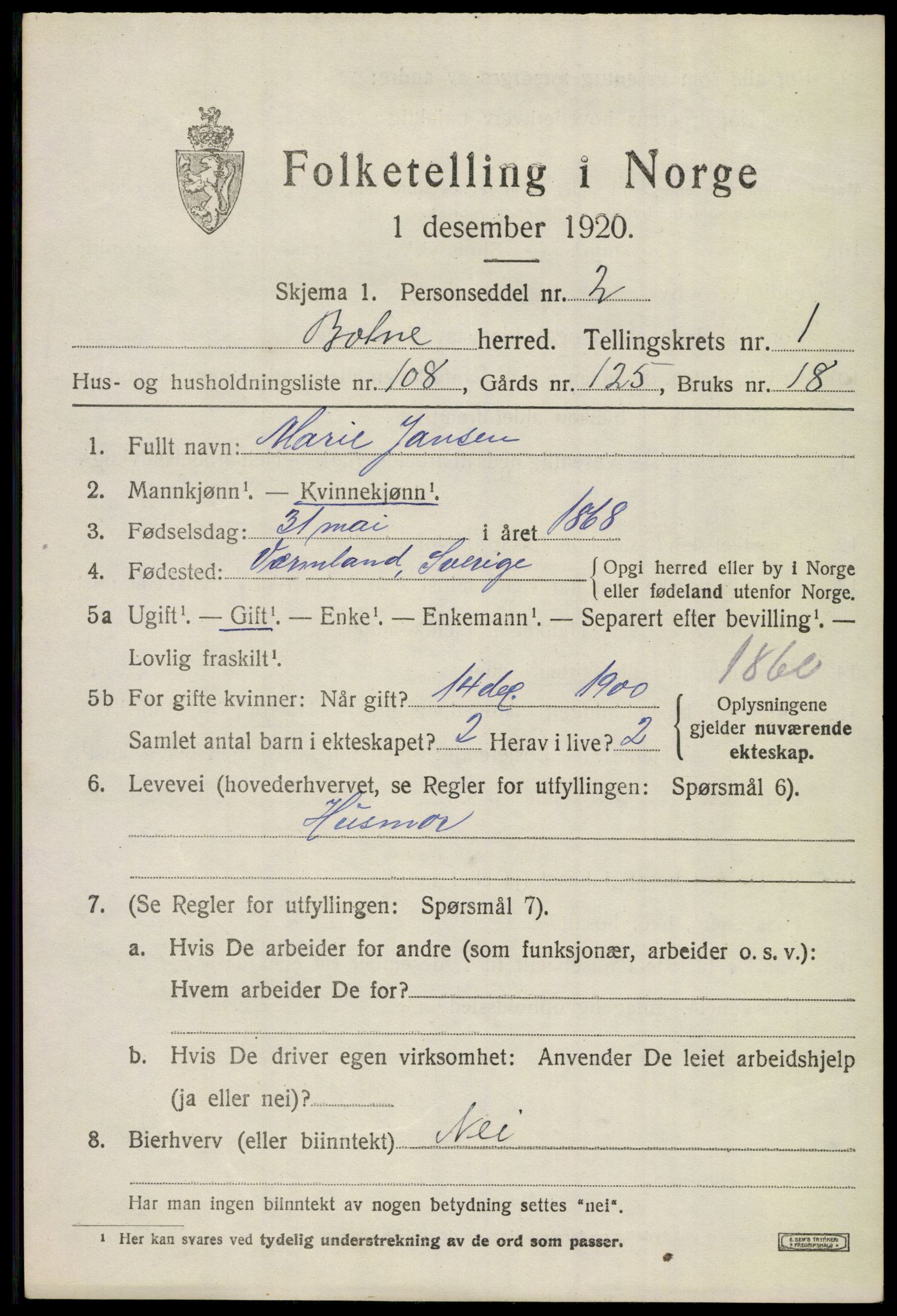 SAKO, 1920 census for Botne, 1920, p. 2119