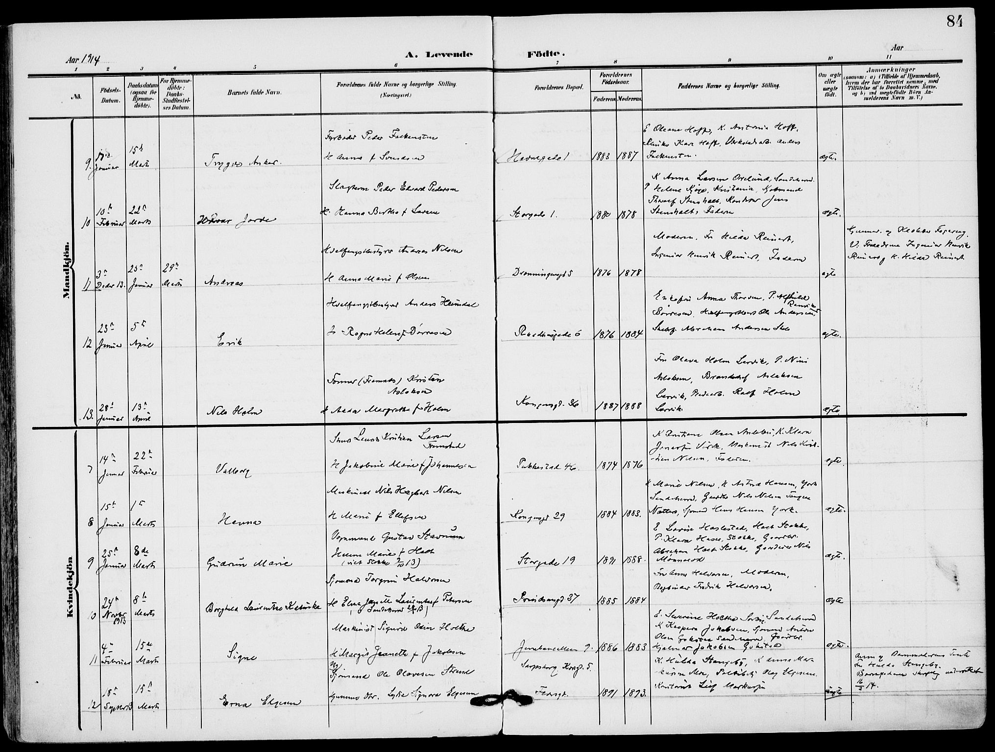 Sandefjord kirkebøker, AV/SAKO-A-315/F/Fa/L0005: Parish register (official) no. 5, 1906-1915, p. 84