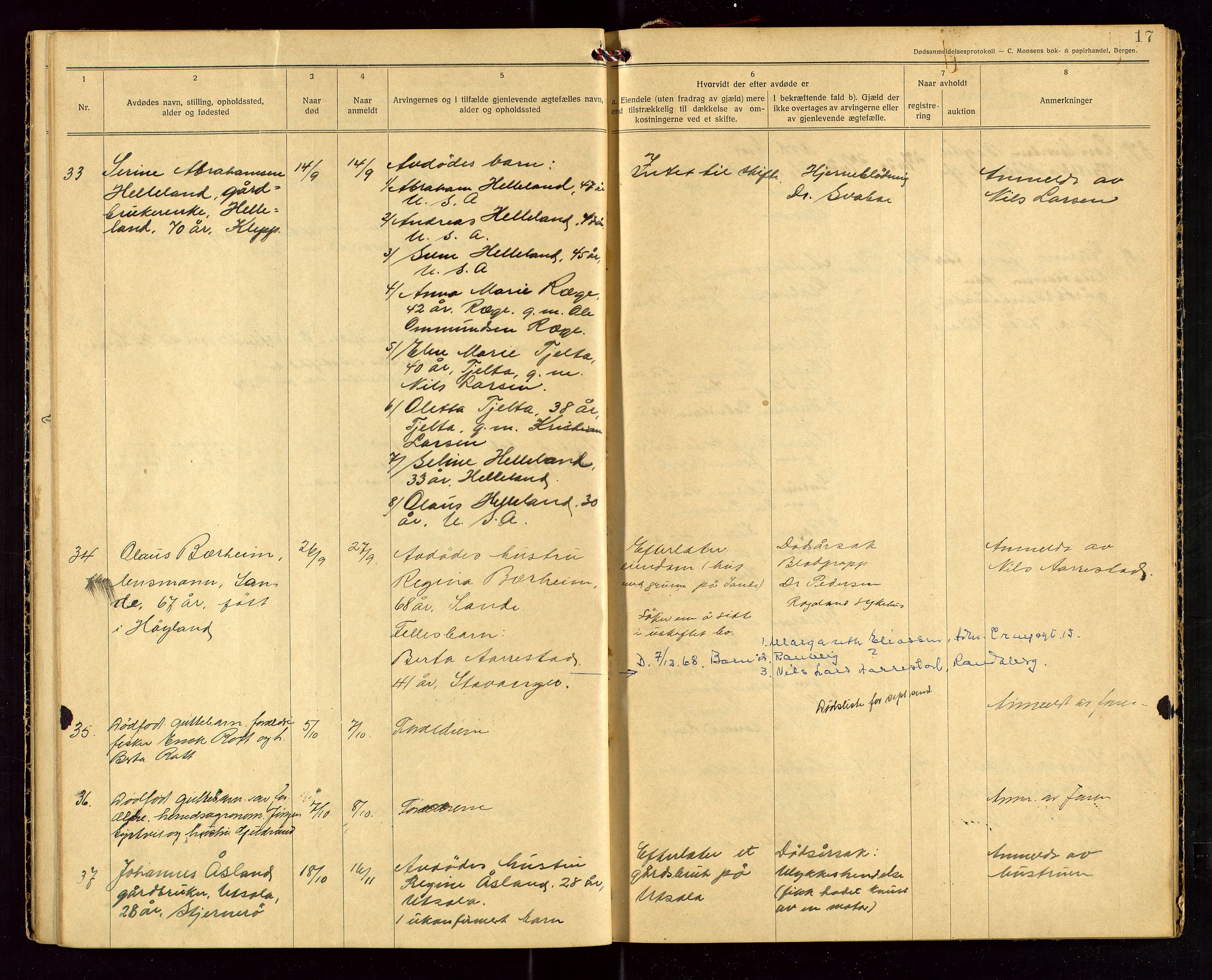 Håland lensmannskontor, AV/SAST-A-100100/Gga/L0003: "Dødsanmeldelser 1926 - 1931 for Haaland", 1926-1931, p. 17