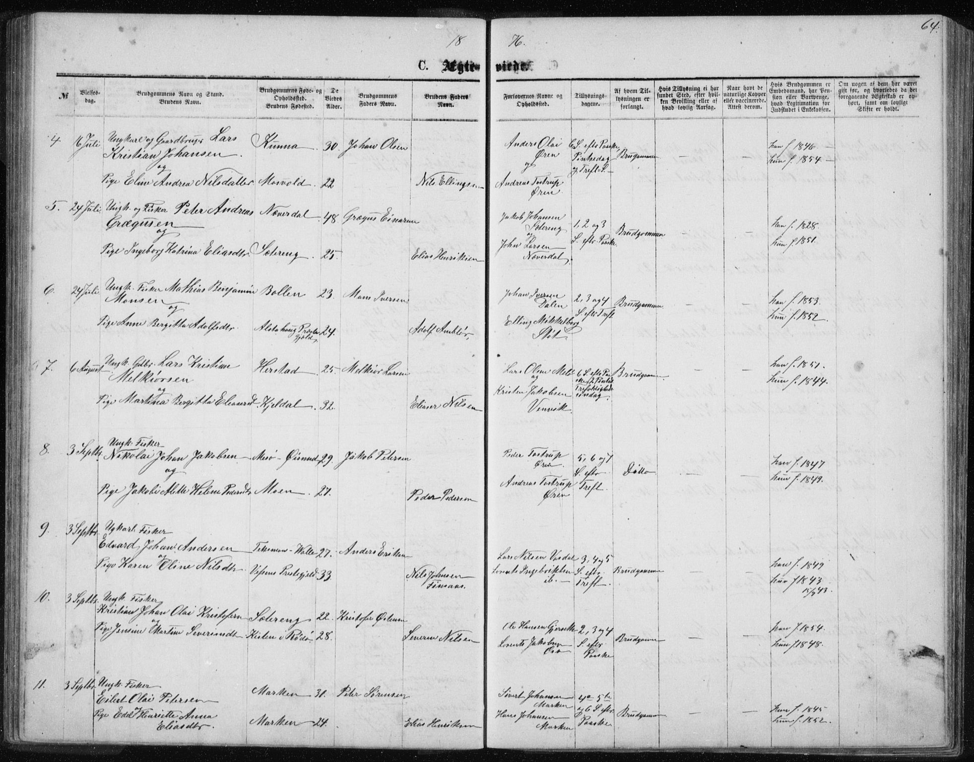 Ministerialprotokoller, klokkerbøker og fødselsregistre - Nordland, SAT/A-1459/843/L0635: Parish register (copy) no. 843C04, 1872-1887, p. 64