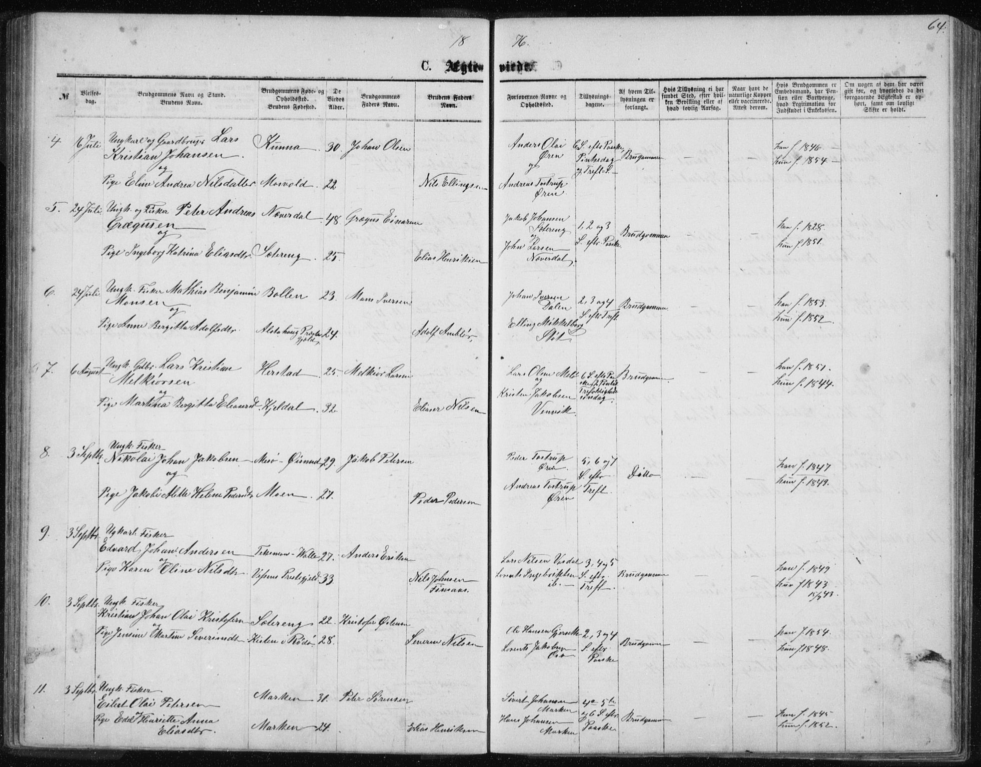 Ministerialprotokoller, klokkerbøker og fødselsregistre - Nordland, AV/SAT-A-1459/843/L0635: Parish register (copy) no. 843C04, 1872-1887, p. 64