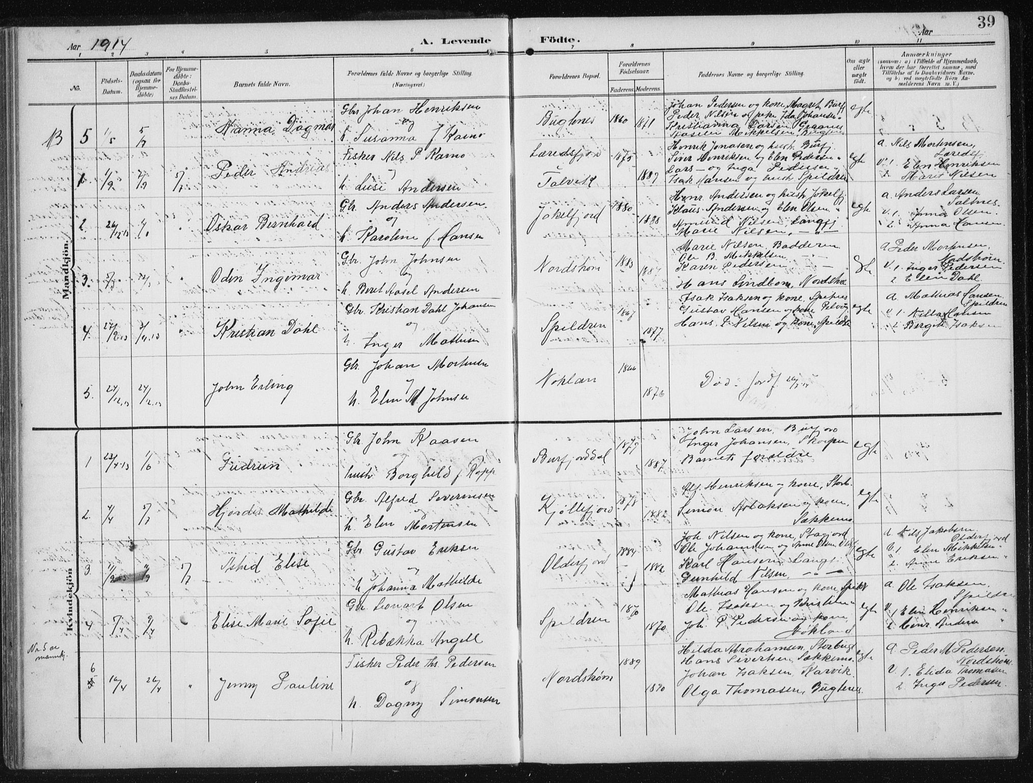 Skjervøy sokneprestkontor, AV/SATØ-S-1300/H/Ha/Hab/L0017klokker: Parish register (copy) no. 17, 1906-1941, p. 39
