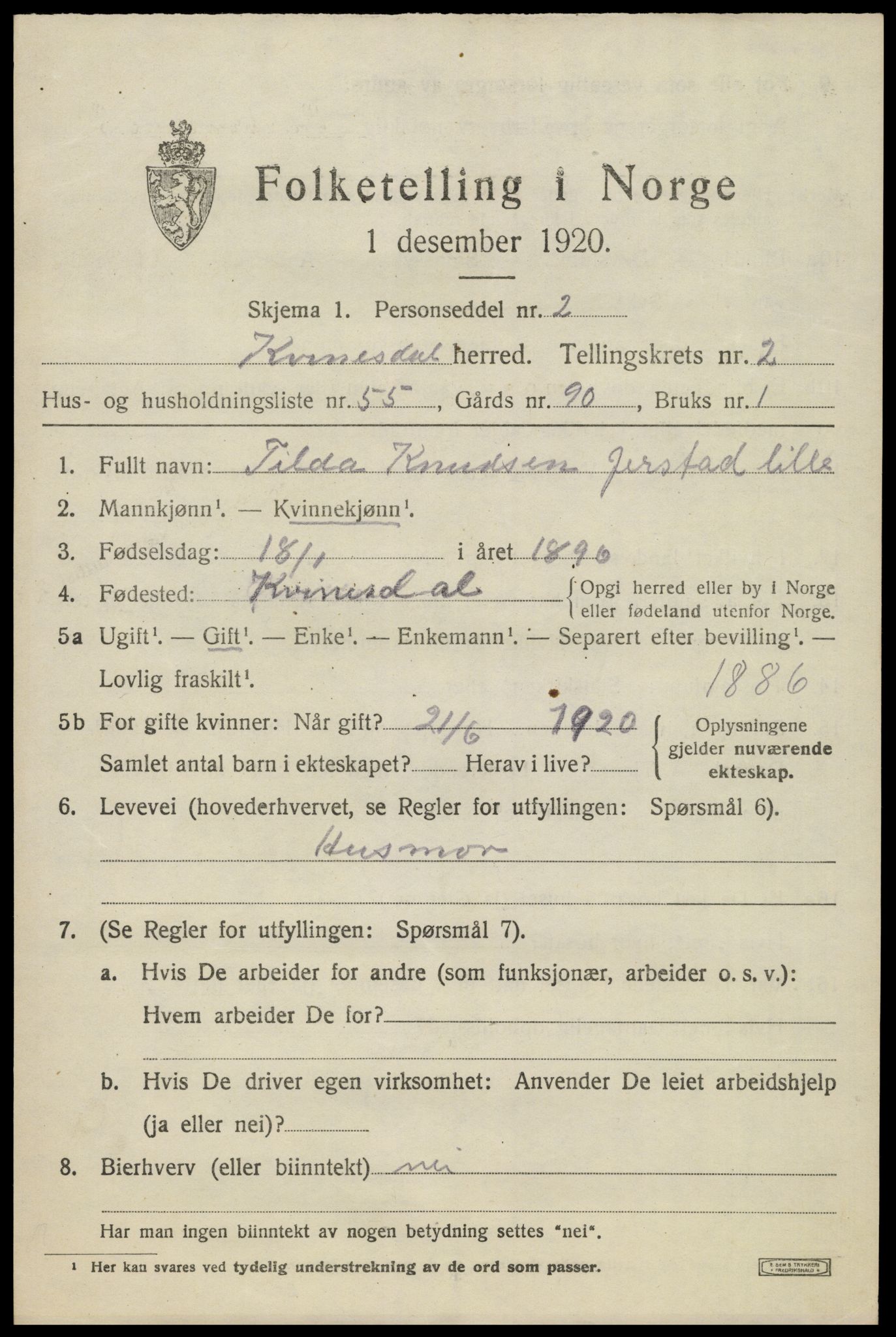 SAK, 1920 census for Kvinesdal, 1920, p. 2443