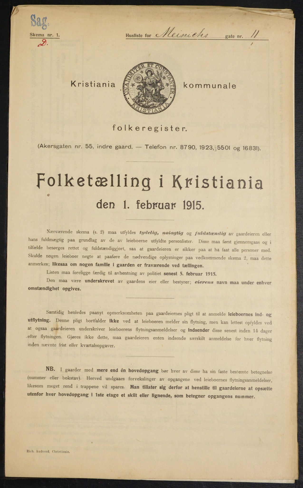 OBA, Municipal Census 1915 for Kristiania, 1915, p. 1165