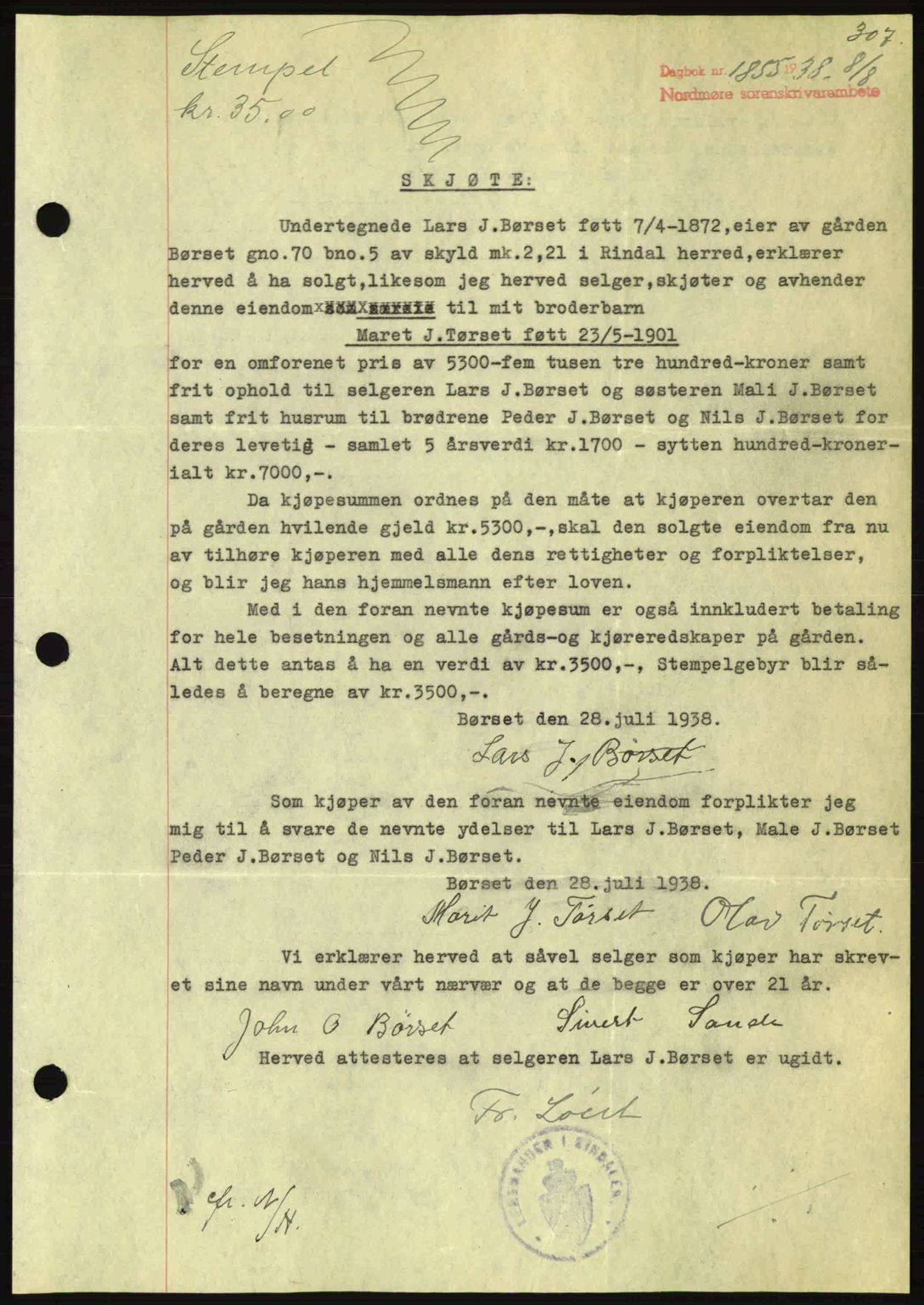 Nordmøre sorenskriveri, SAT/A-4132/1/2/2Ca: Mortgage book no. A84, 1938-1938, Diary no: : 1855/1938