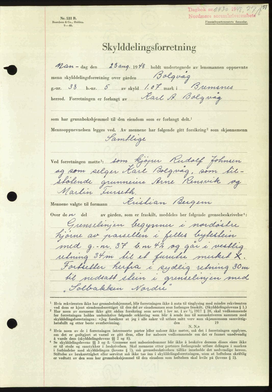 Nordmøre sorenskriveri, AV/SAT-A-4132/1/2/2Ca: Mortgage book no. A109, 1948-1948, Diary no: : 2430/1948