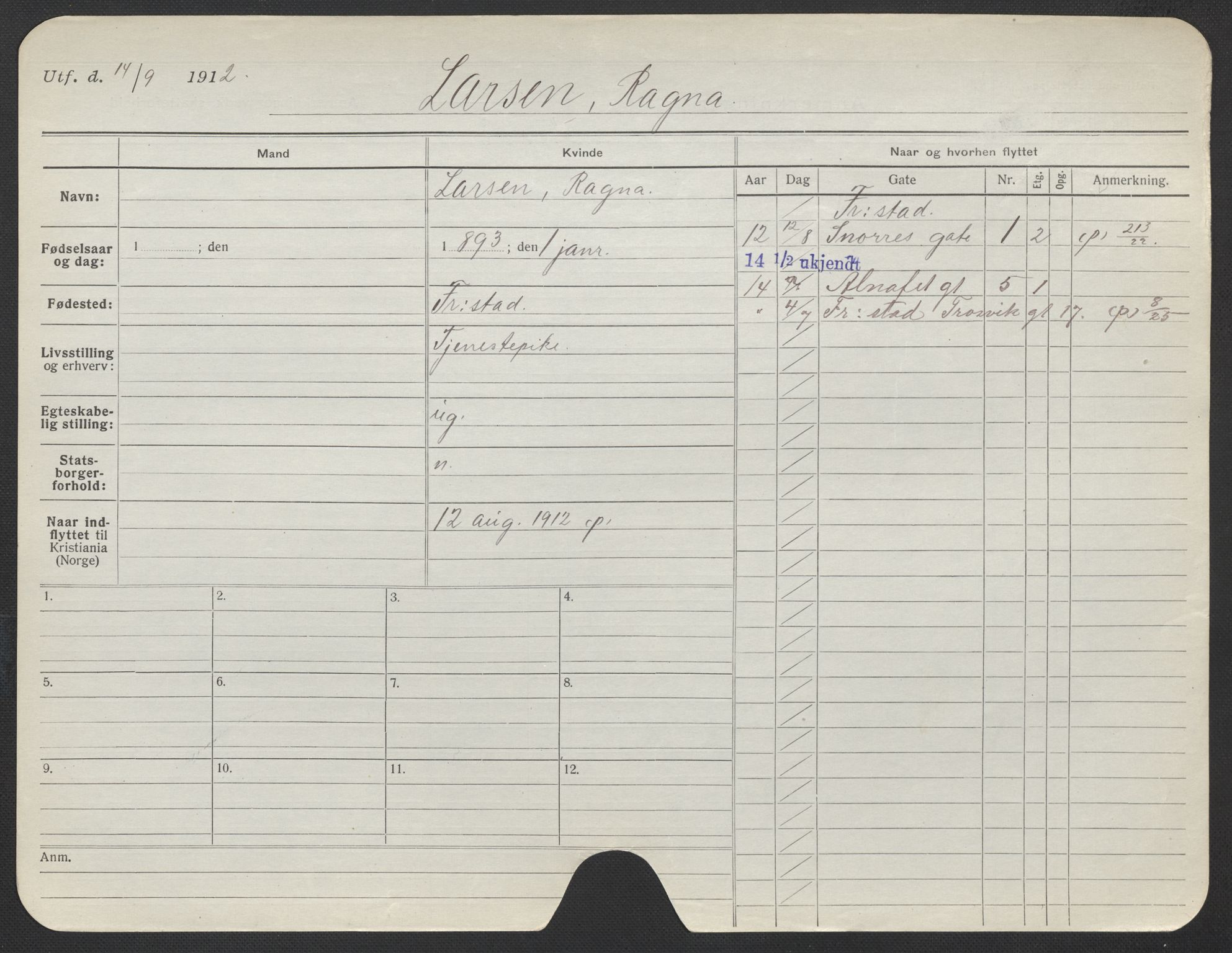 Oslo folkeregister, Registerkort, SAO/A-11715/F/Fa/Fac/L0019: Kvinner, 1906-1914, p. 1128a